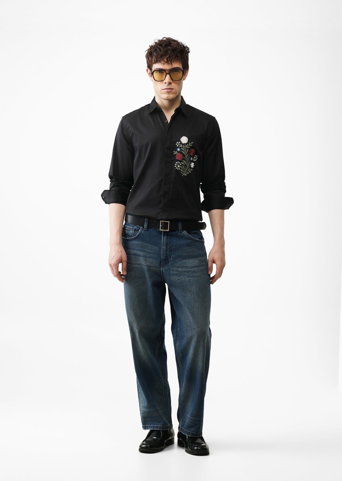 Red Floral Embroidered Black Designer Shirt