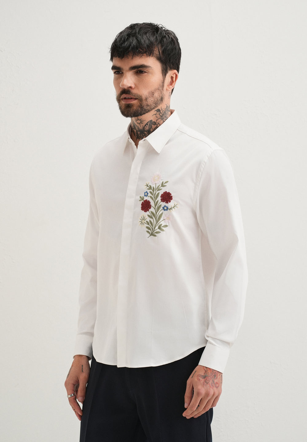 Red Floral Embroidery White Designer Shirt