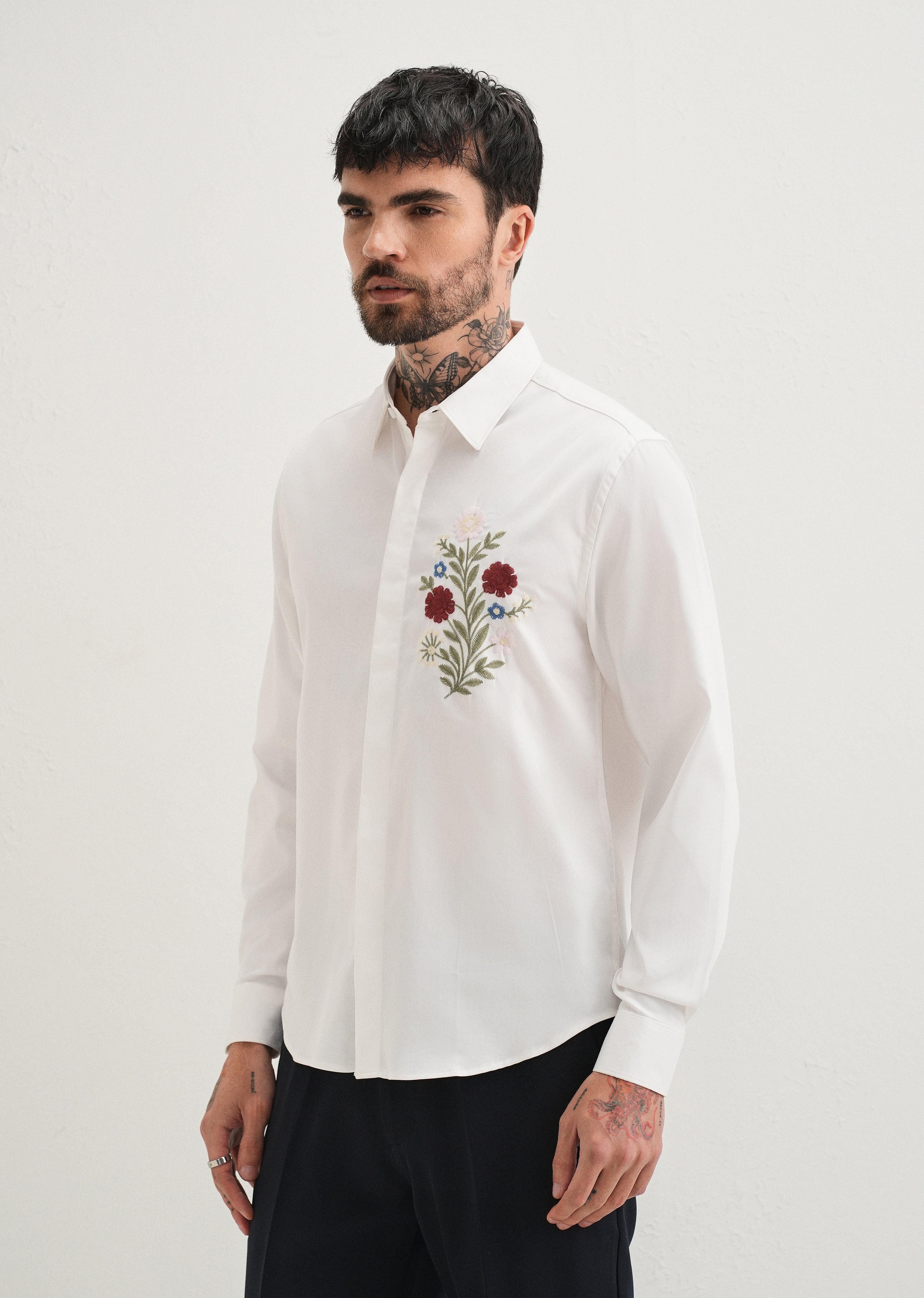Red Floral Embroidery White Designer Shirt