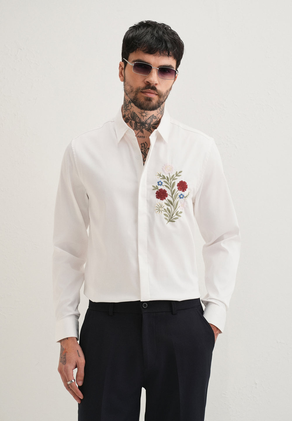 Red Floral Embroidery White Designer Shirt
