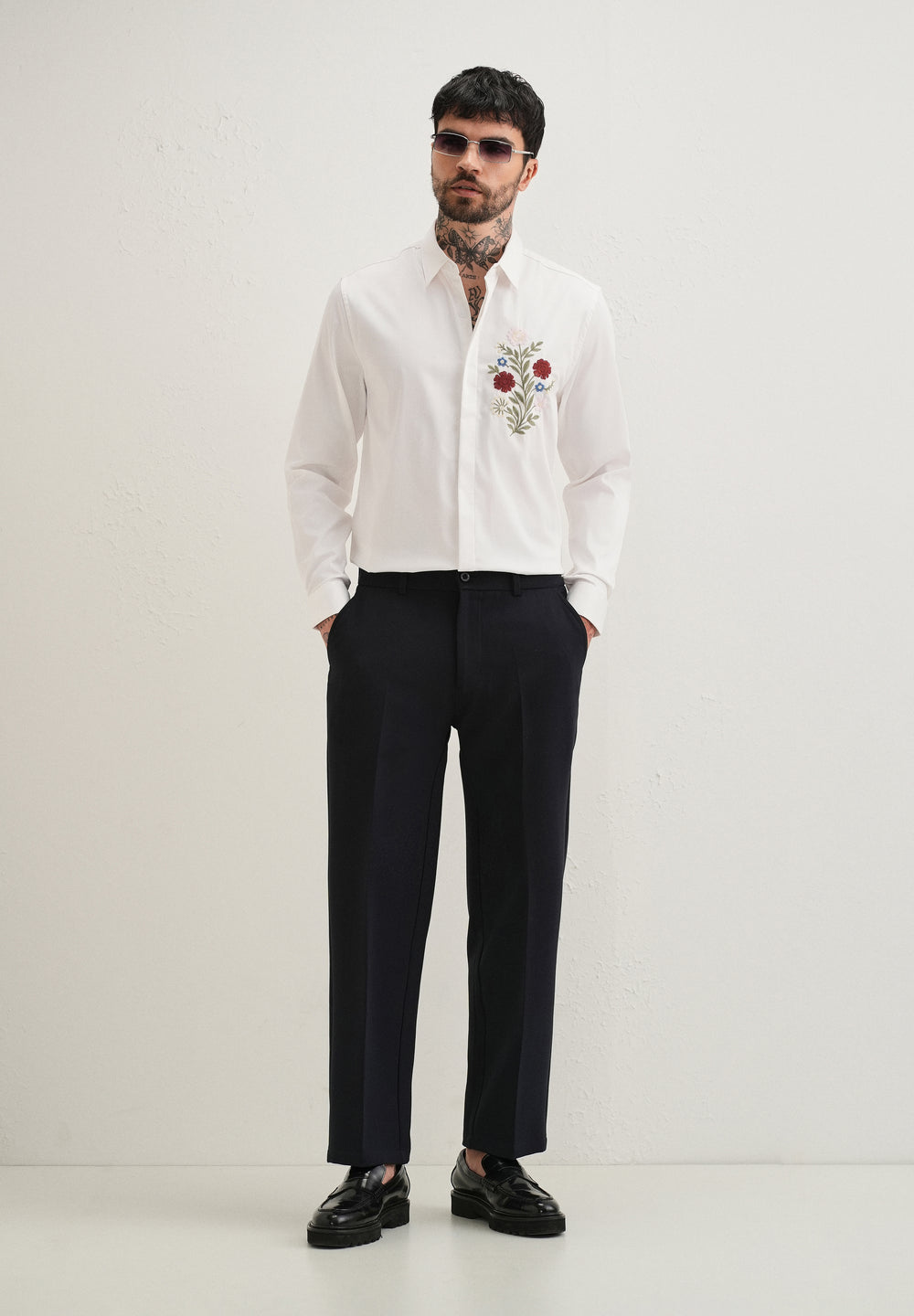 Red Floral Embroidery White Designer Shirt
