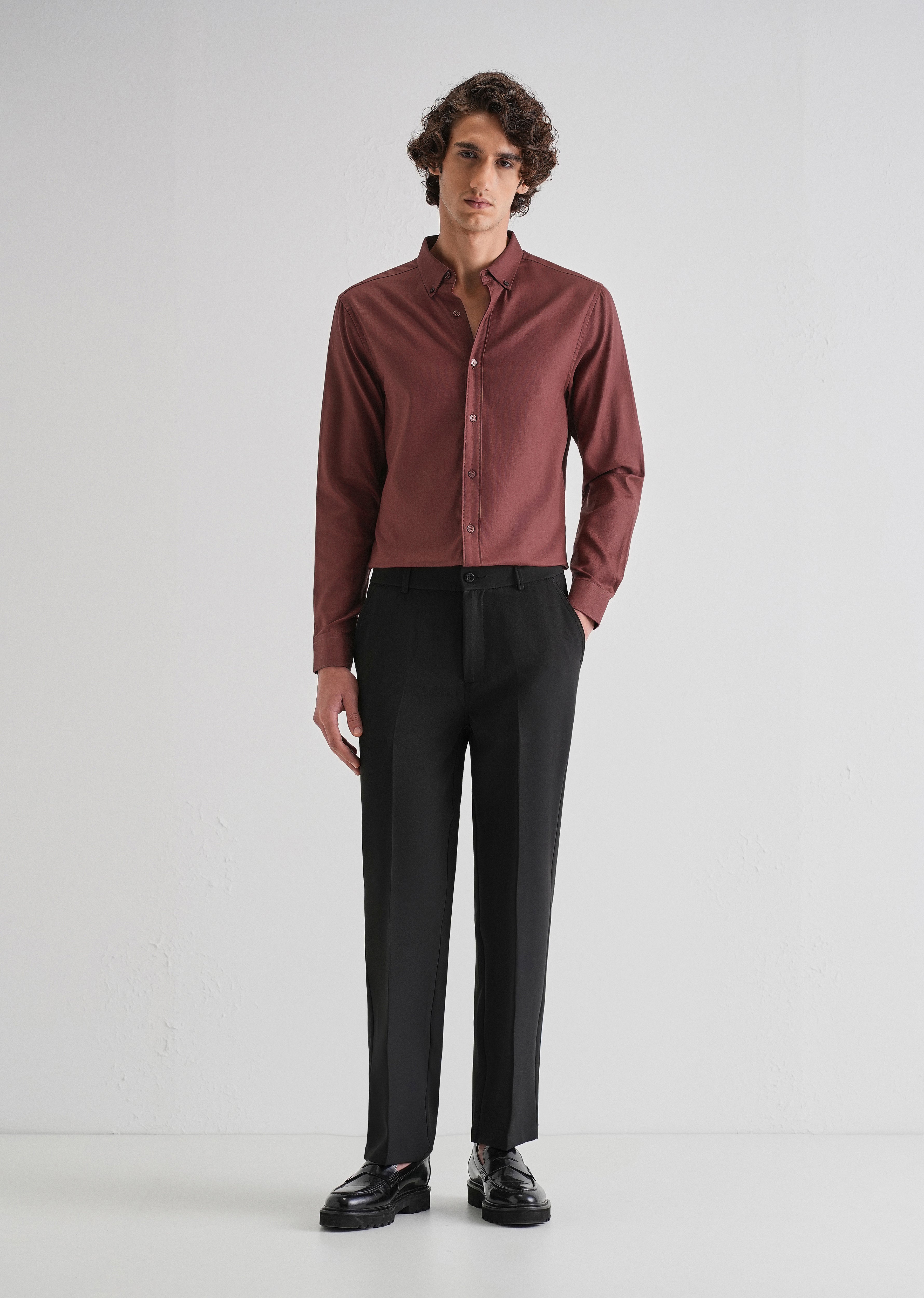 Red Ochre Plain Blended Cotton Regular Fit Shirt