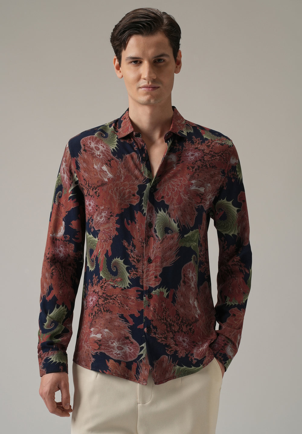 Red Prickly Flora Print Feather Shirt