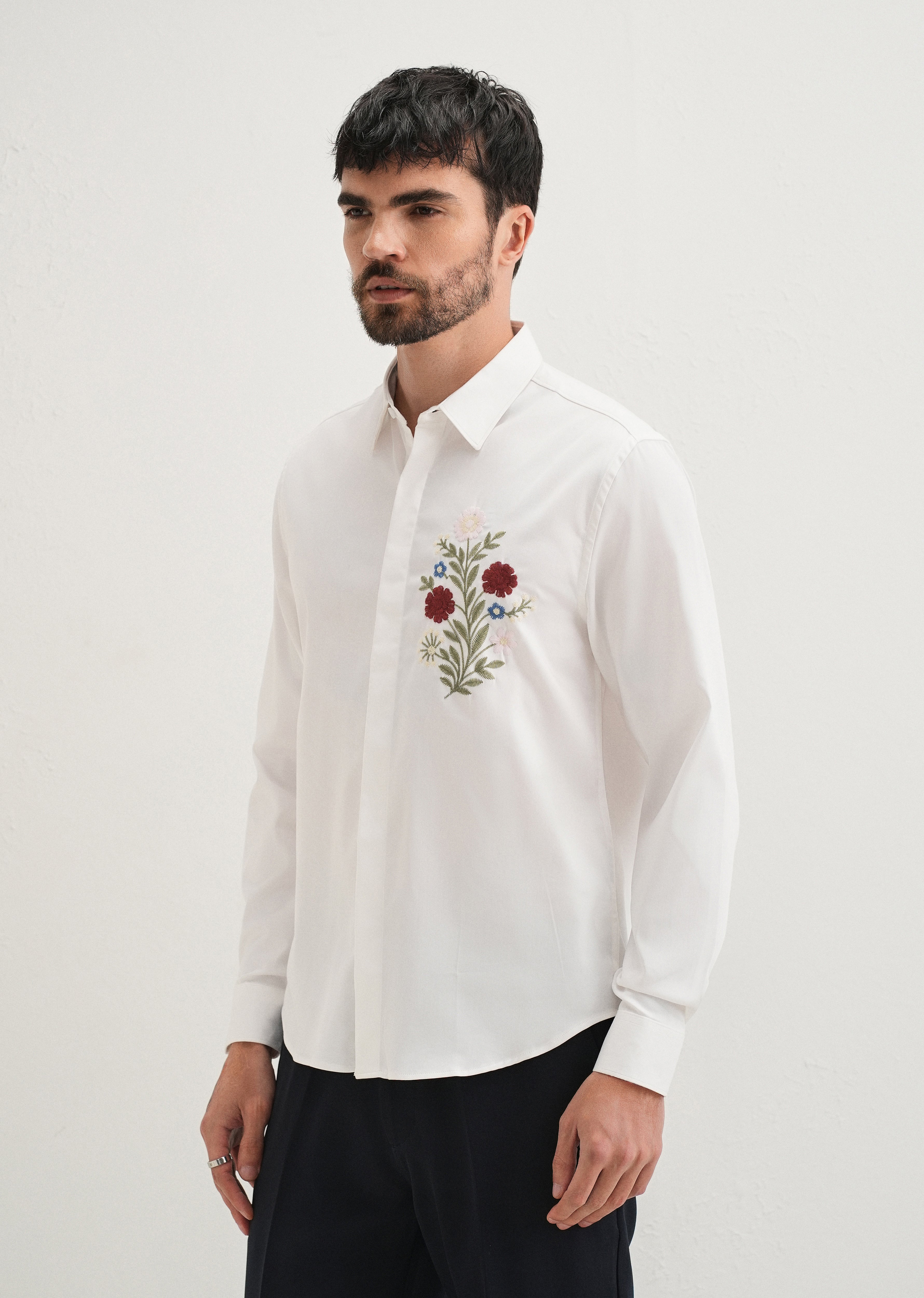 Red Floral Embroidery White Designer Shirt