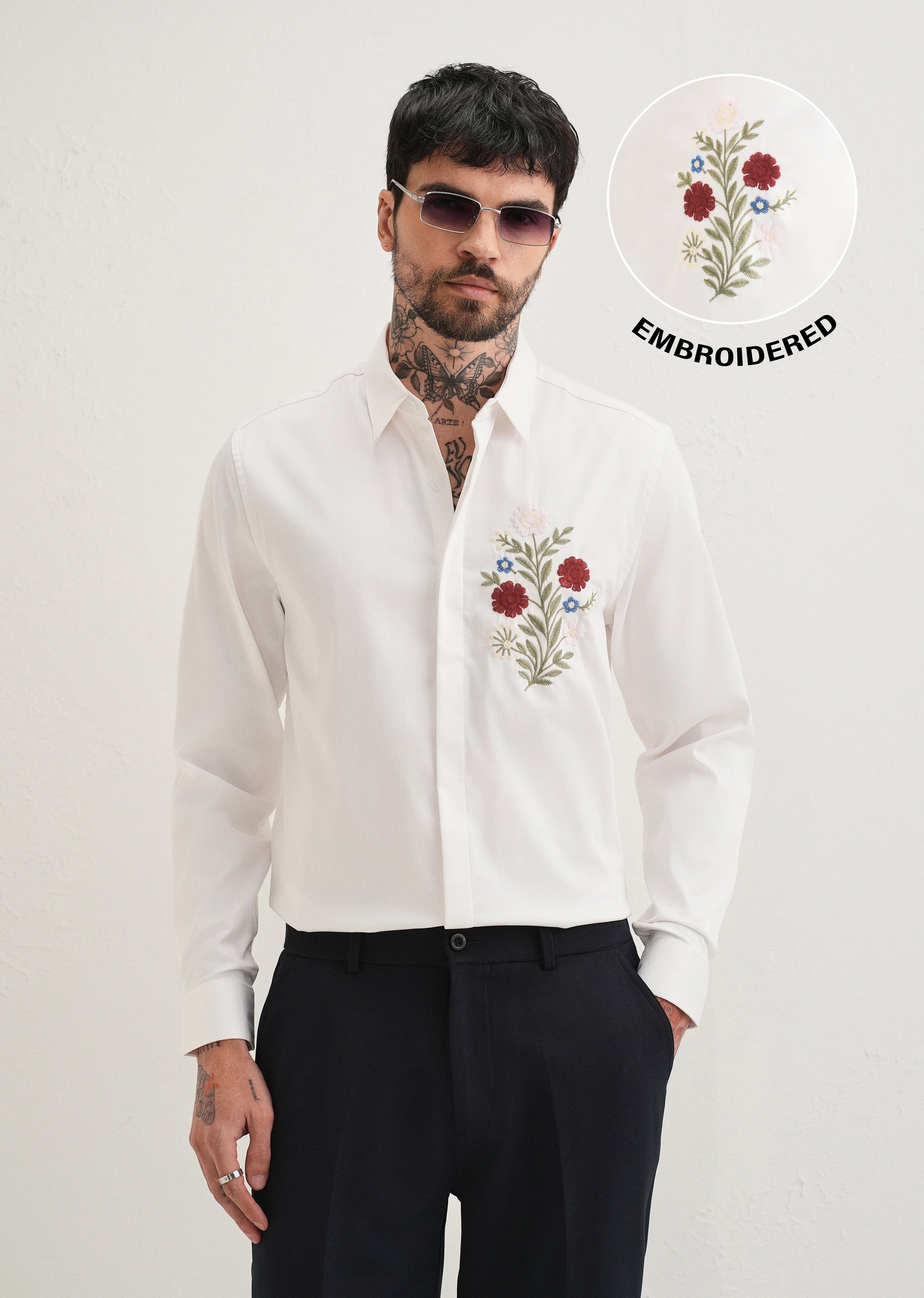 Red Floral Embroidery White Designer Shirt
