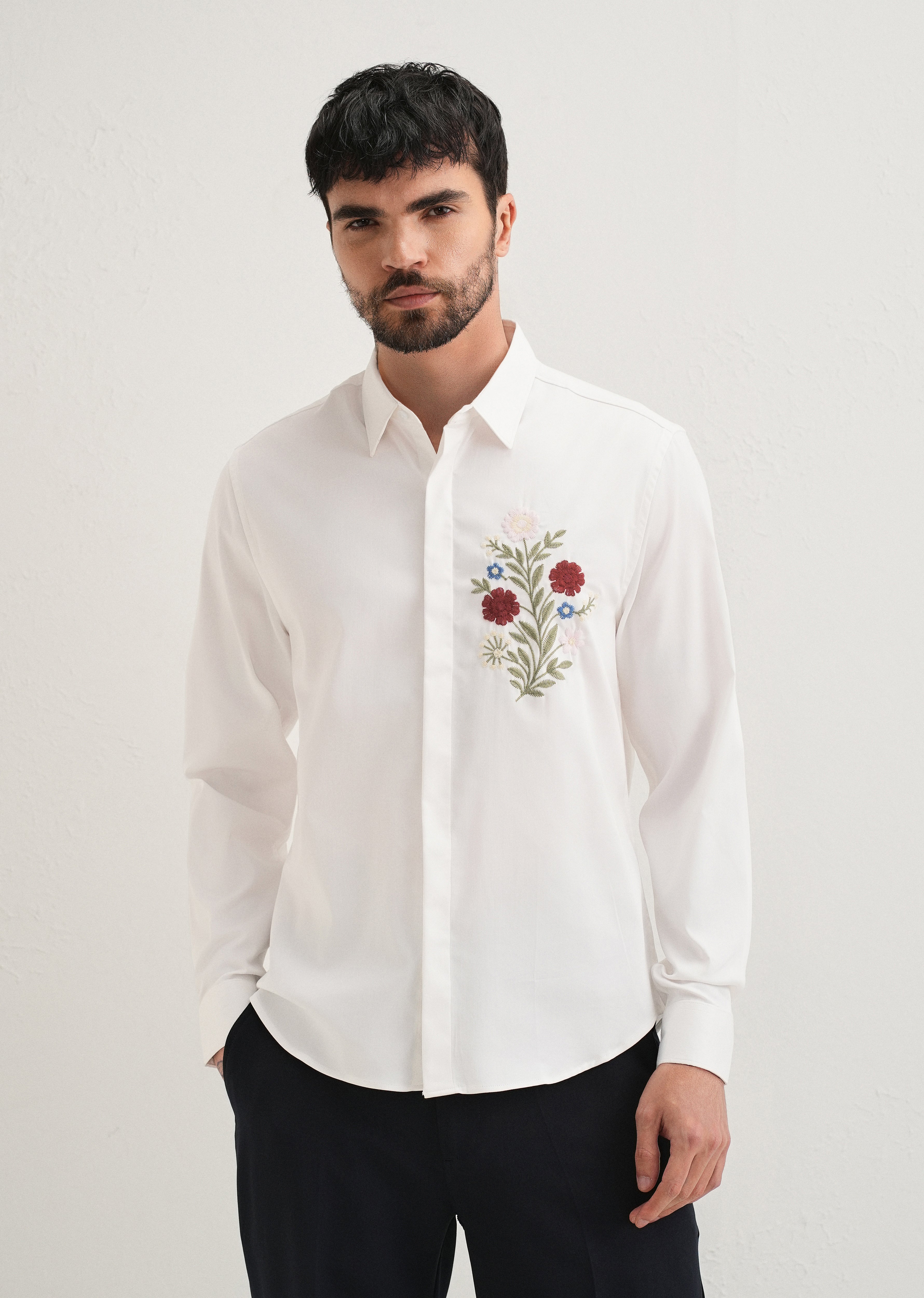 Red Floral Embroidery White Designer Shirt