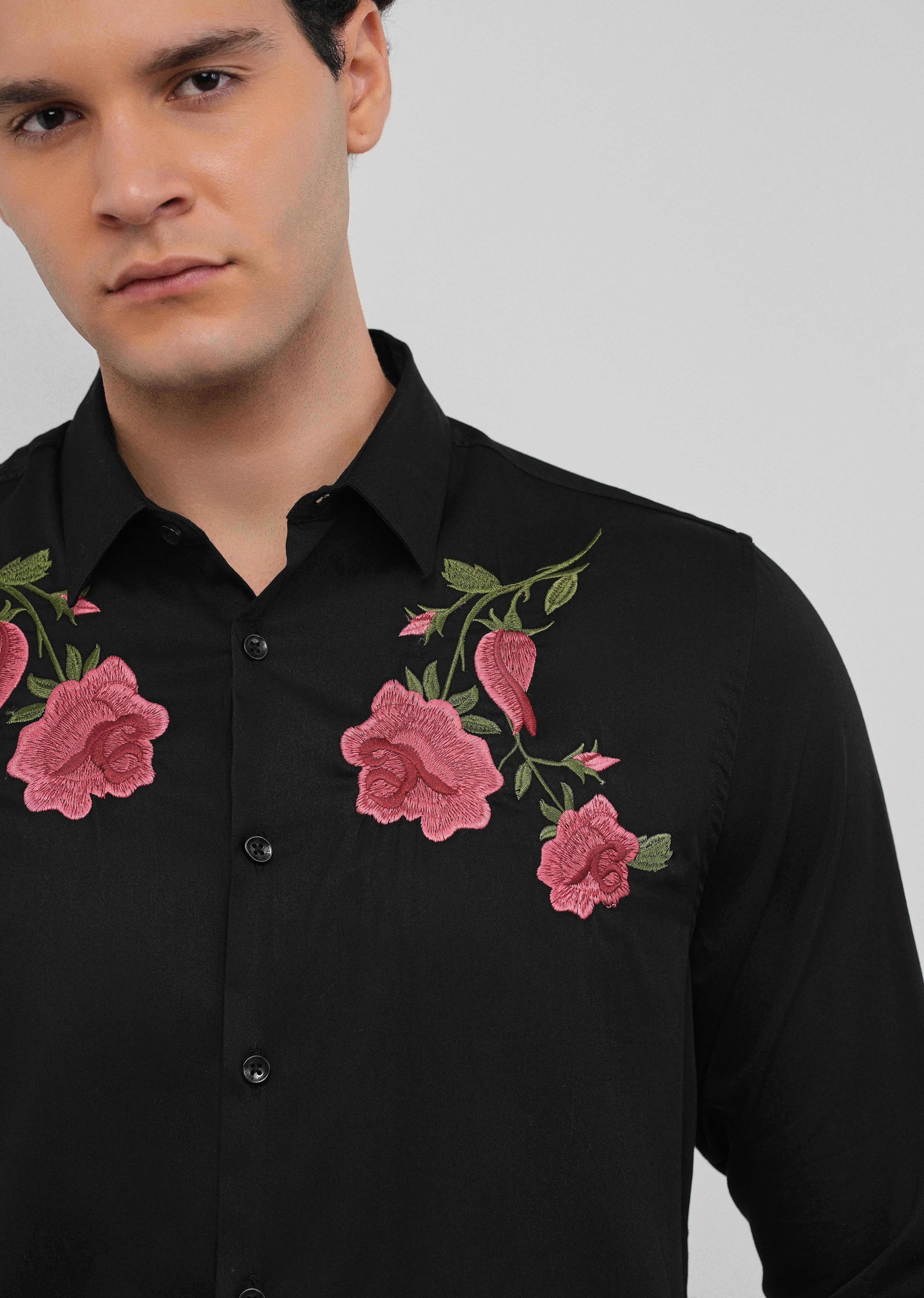 Rose Embroidered Black Designer Shirt