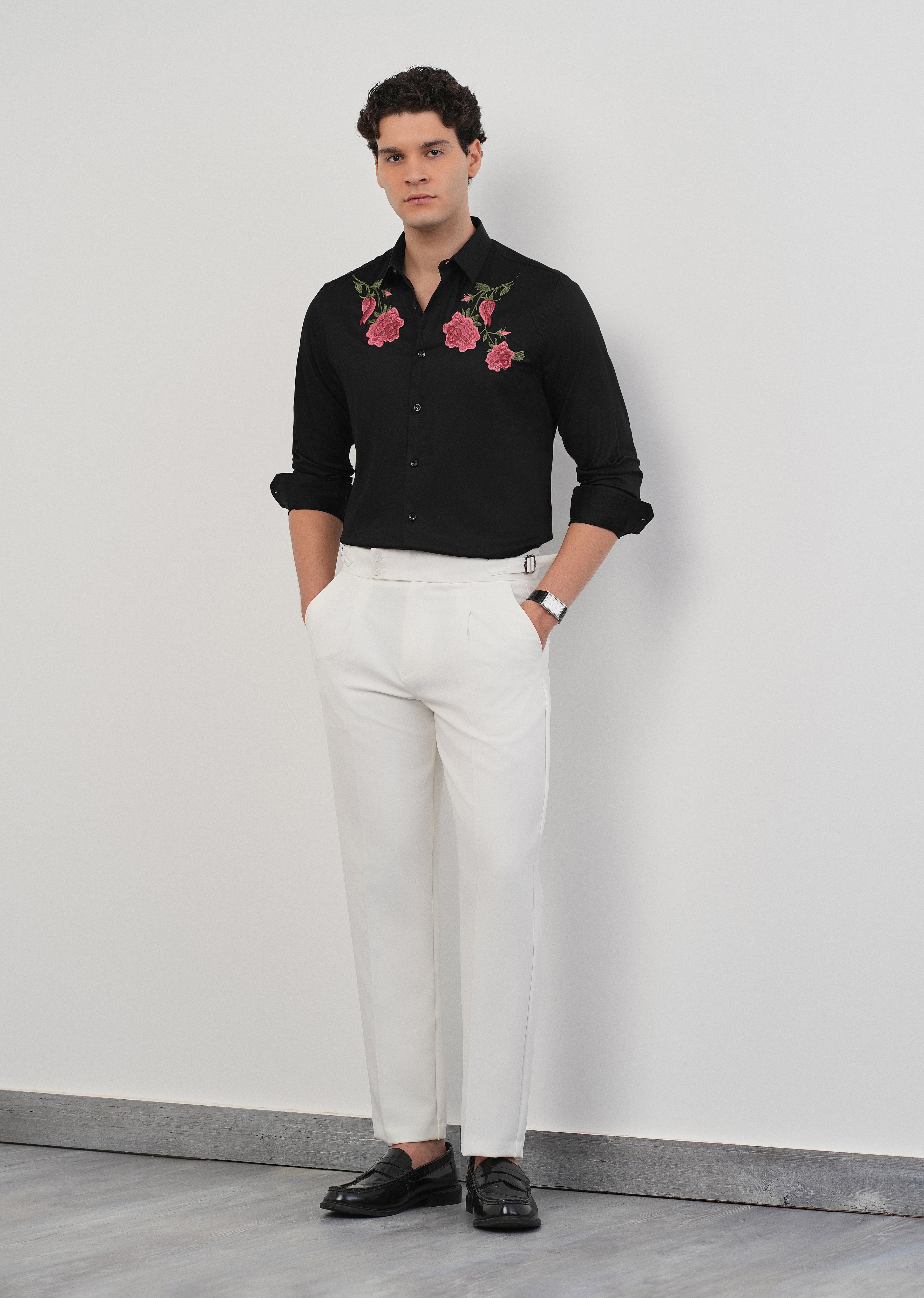 Rose Embroidered Black Designer Shirt
