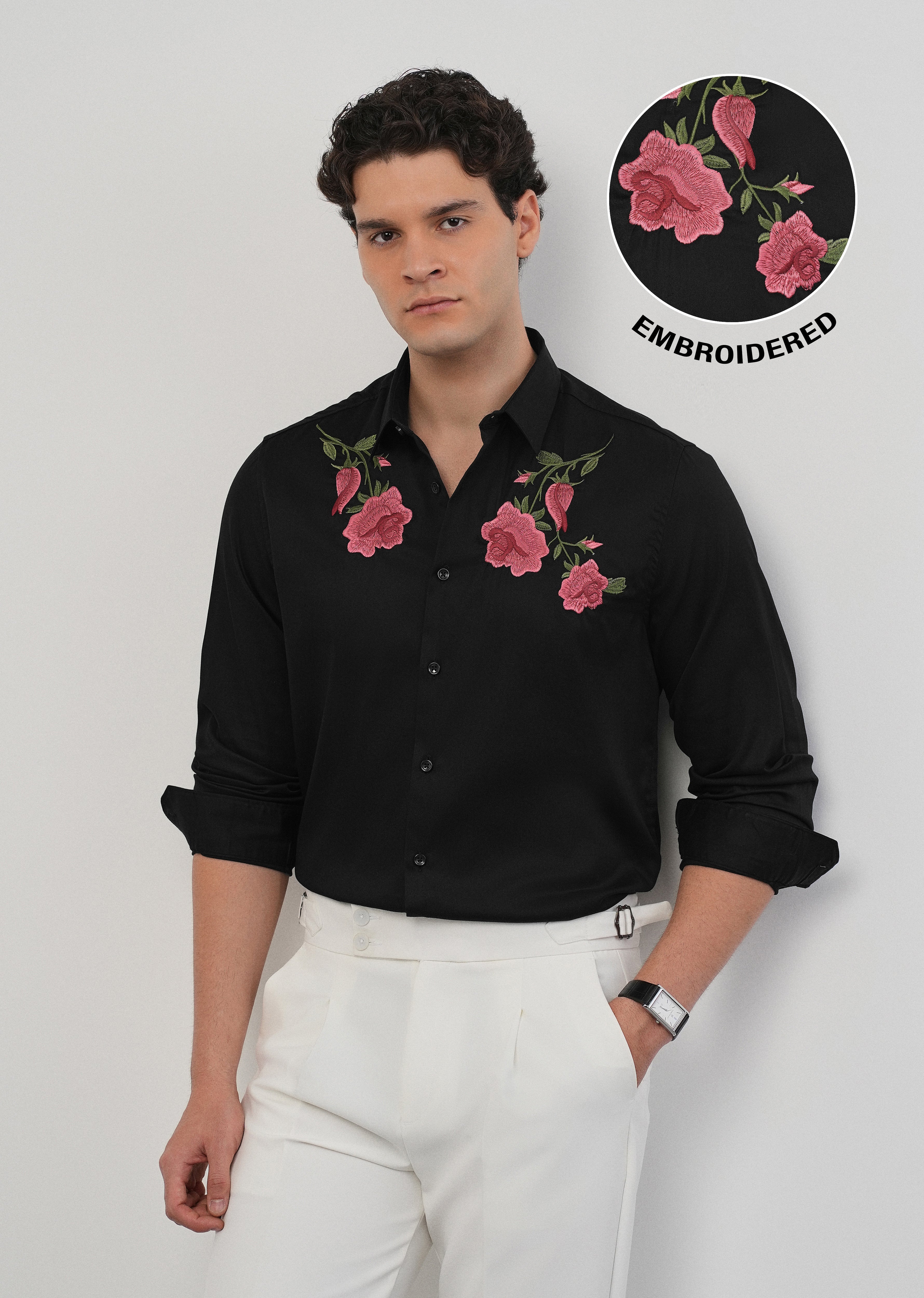 Rose Embroidered Black Designer Shirt