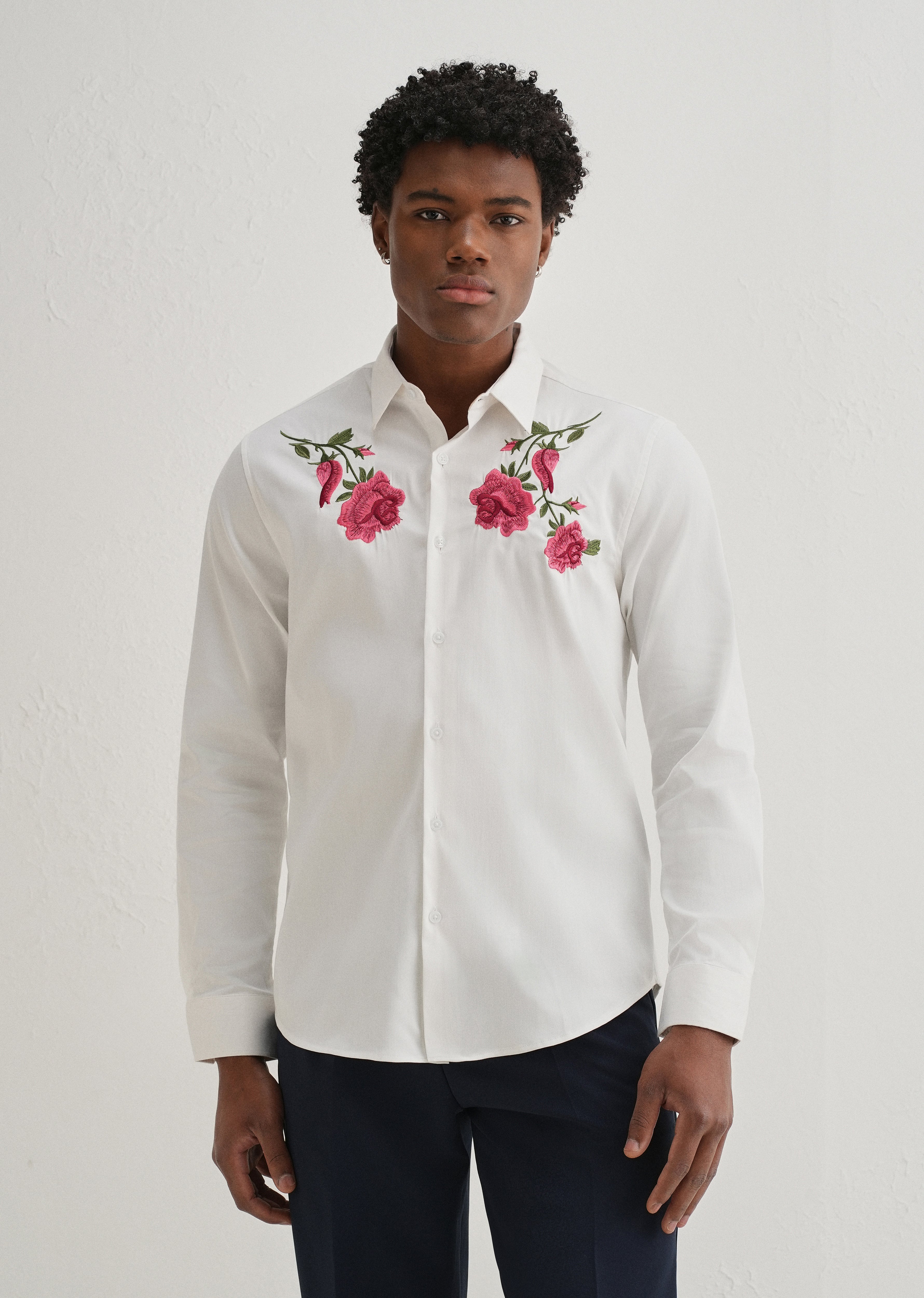 Rose Embroidered White Designer Shirt