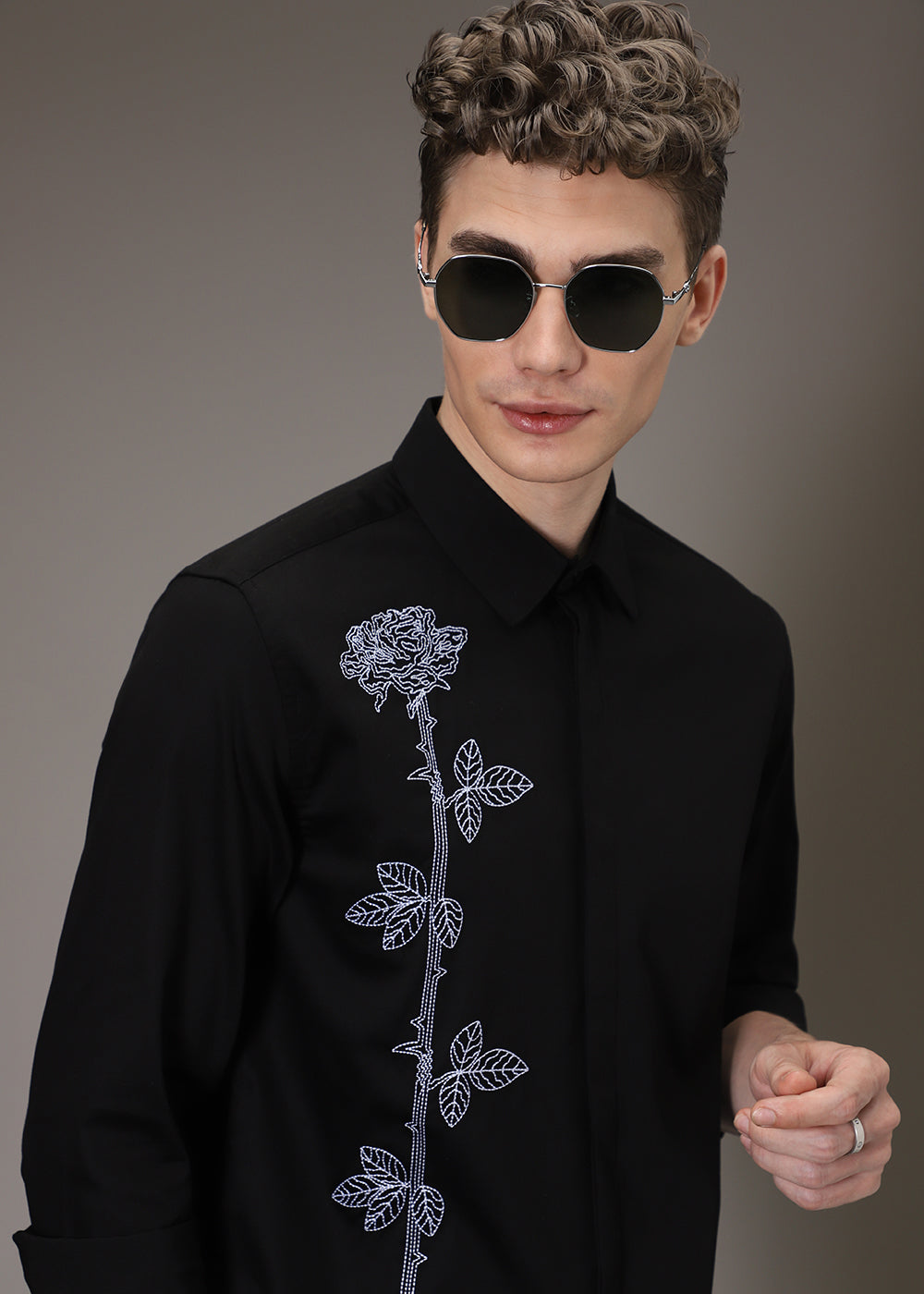Rose Needle Work Black Shirt