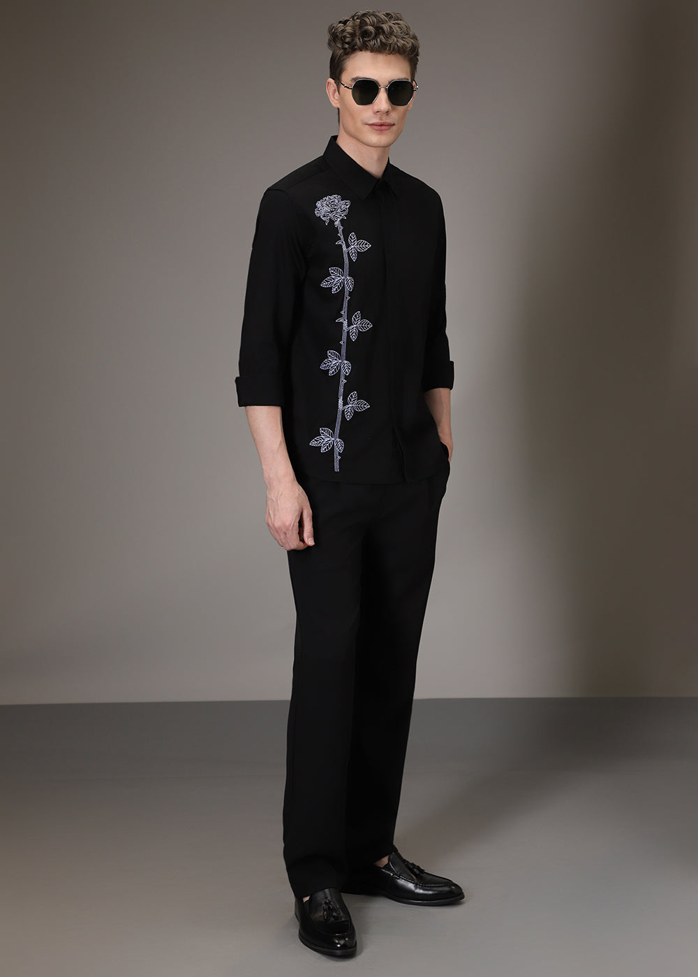 Rose Needle Work Black Shirt