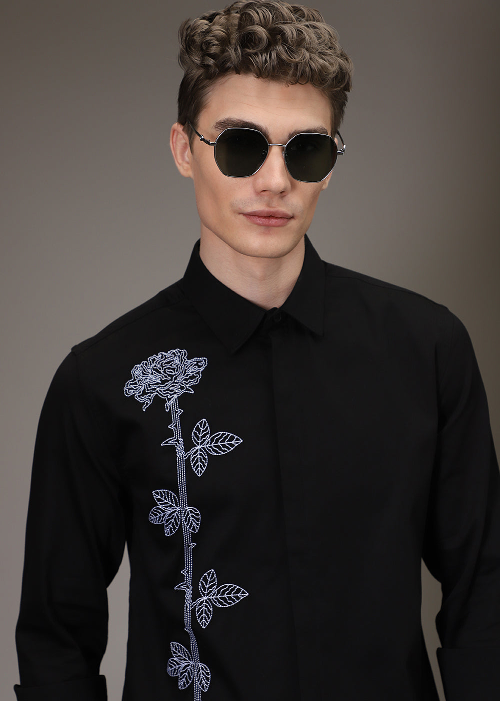 Rose Needle Work Black Shirt