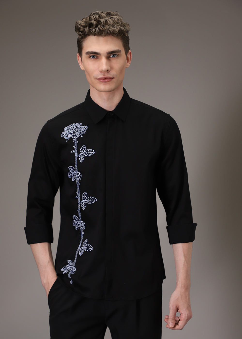 Rose Needle Work Black Shirt
