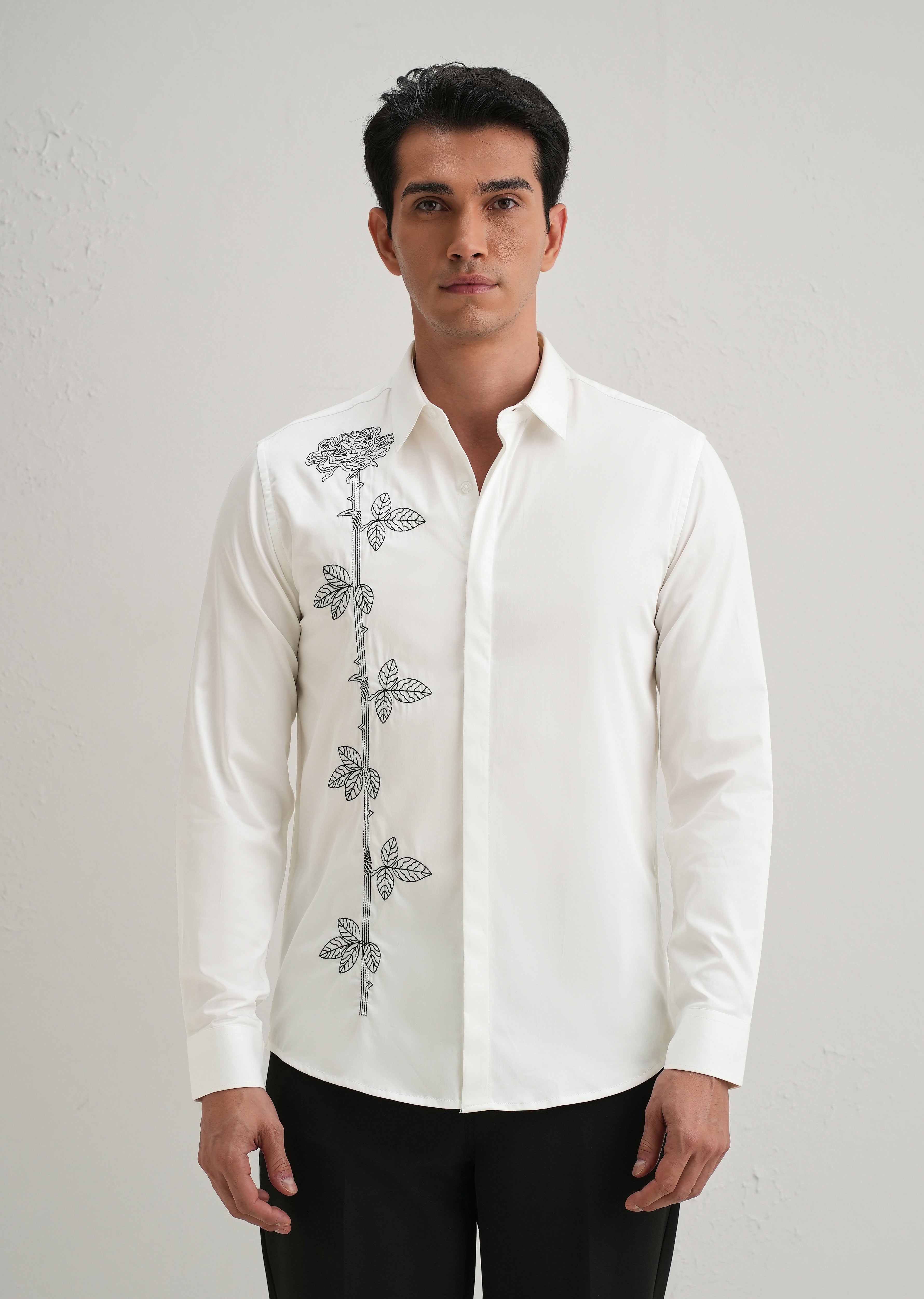 Rose Needle Work White Shirt
