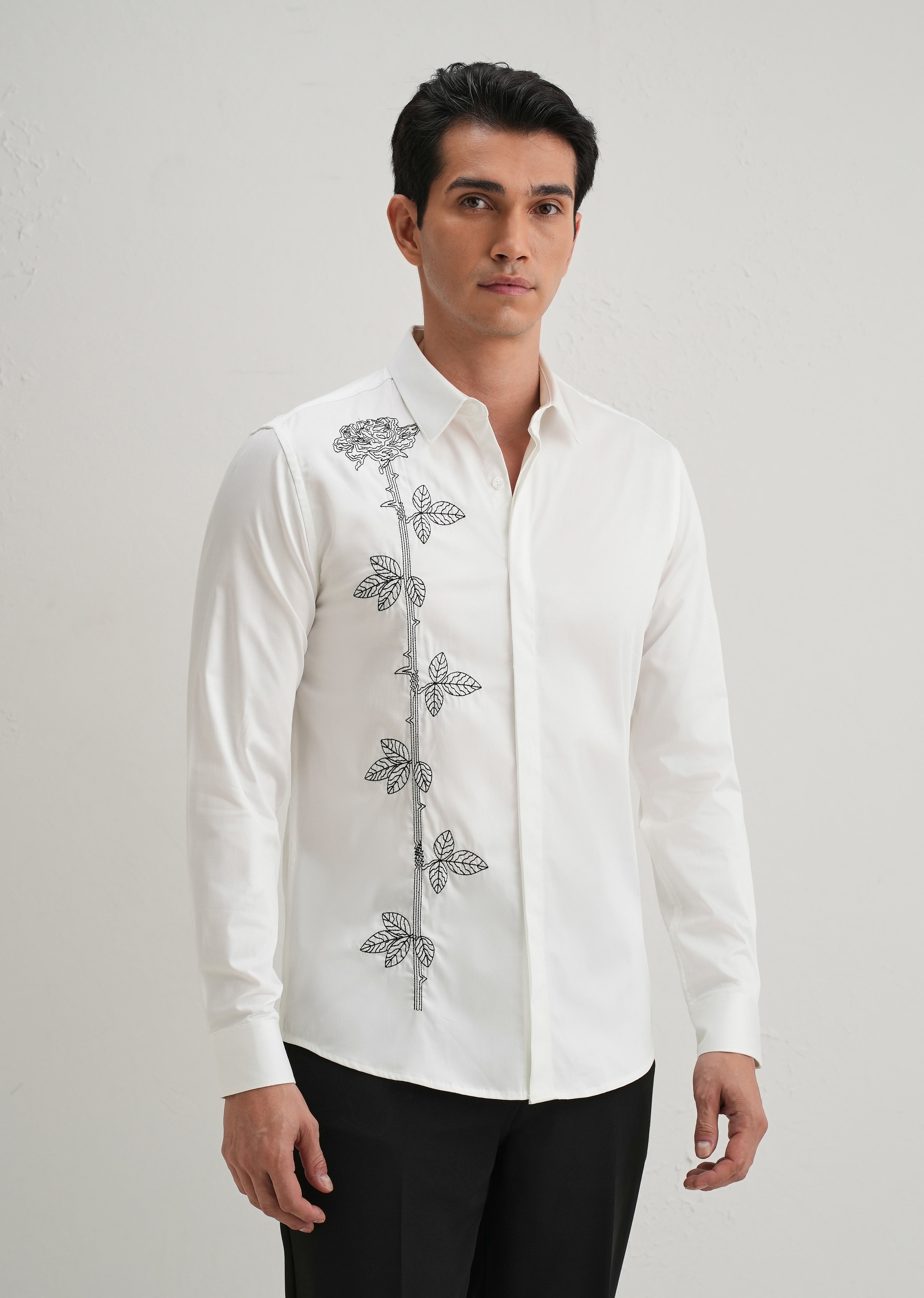 Rose Needle Work White Shirt