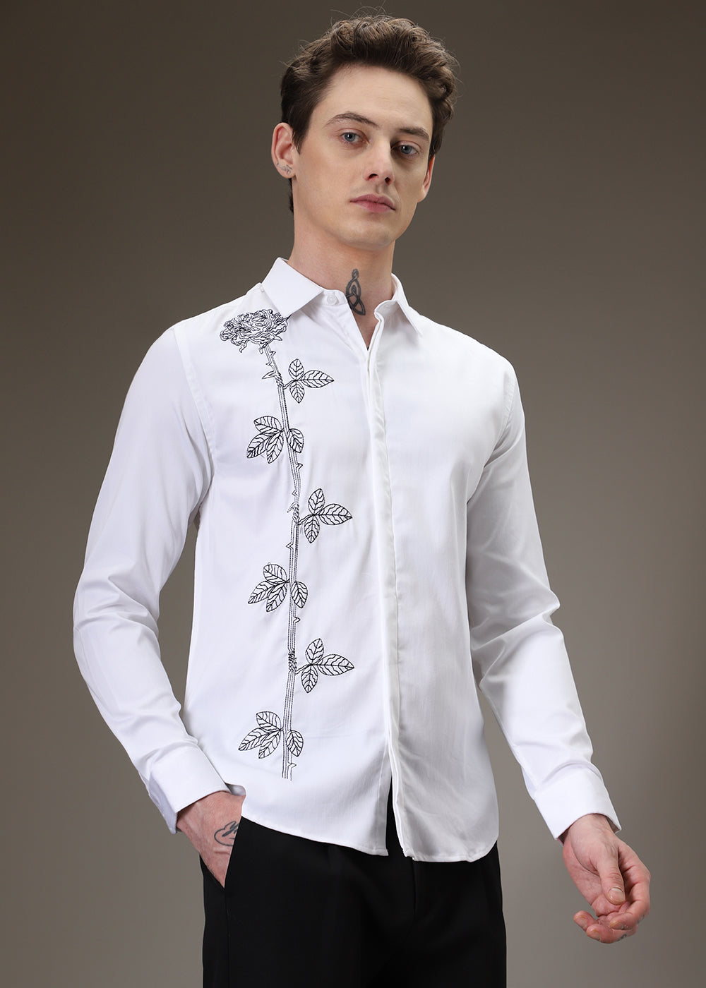 Rose Needle Work White Shirt