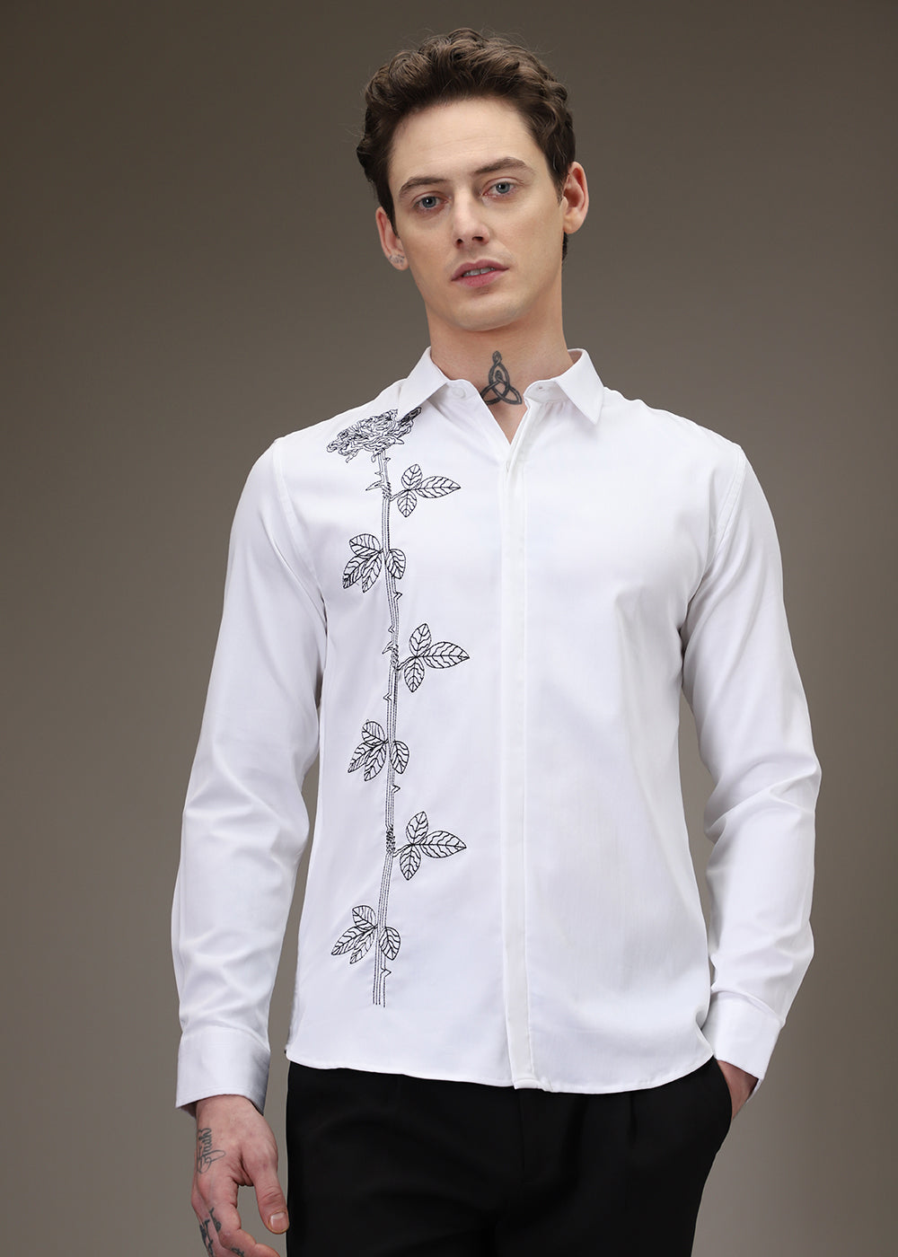 Rose Needle Work White Shirt
