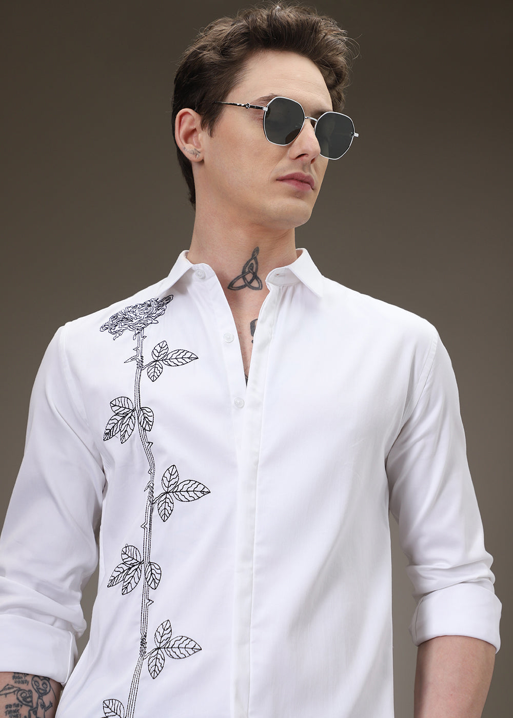 Rose Needle Work White Shirt