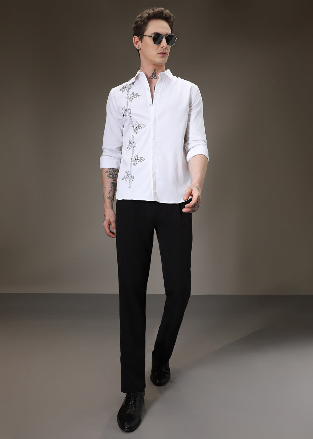 Rose Needle Work White Shirt