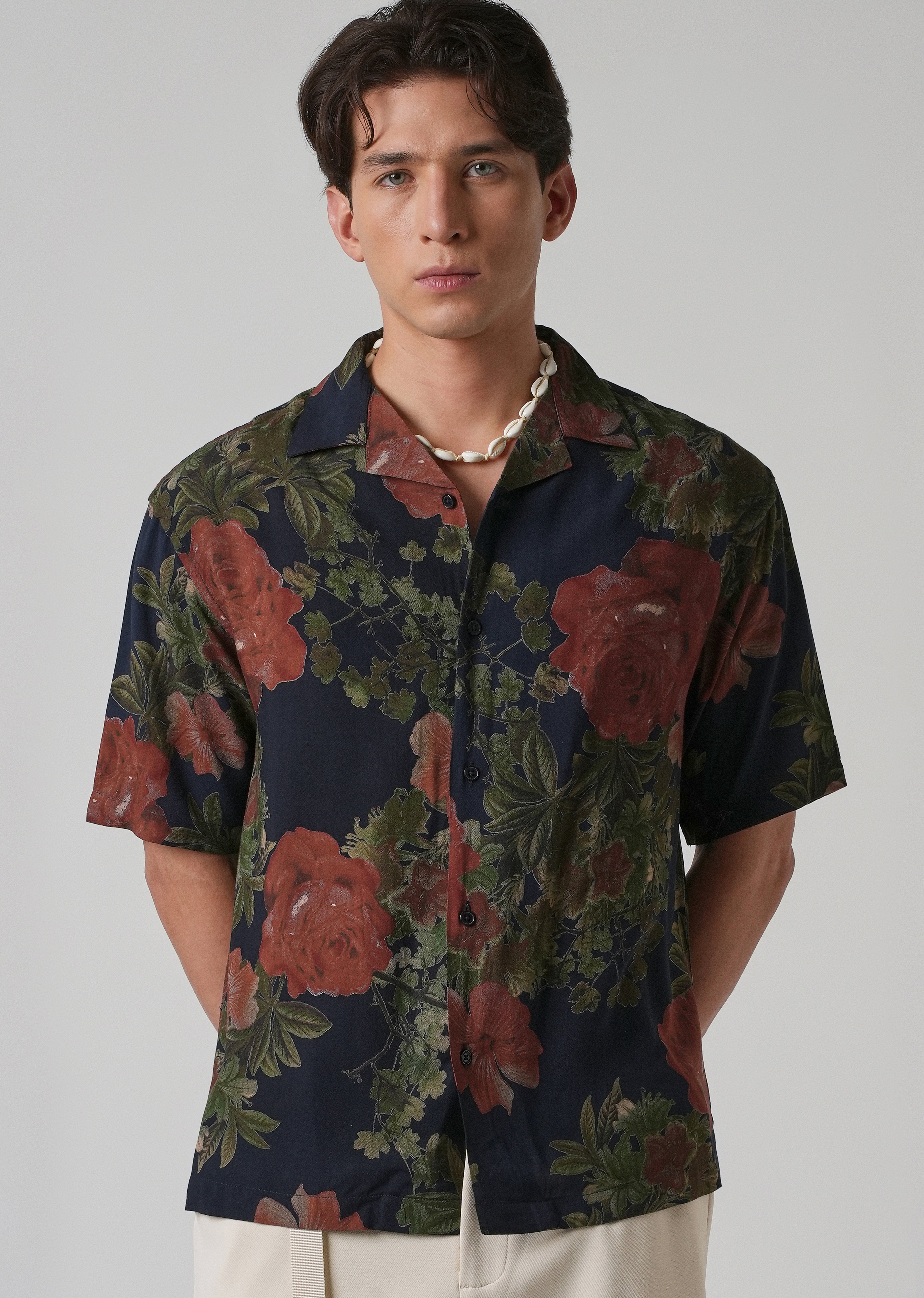 Rose Print Oversized Feather Shirt