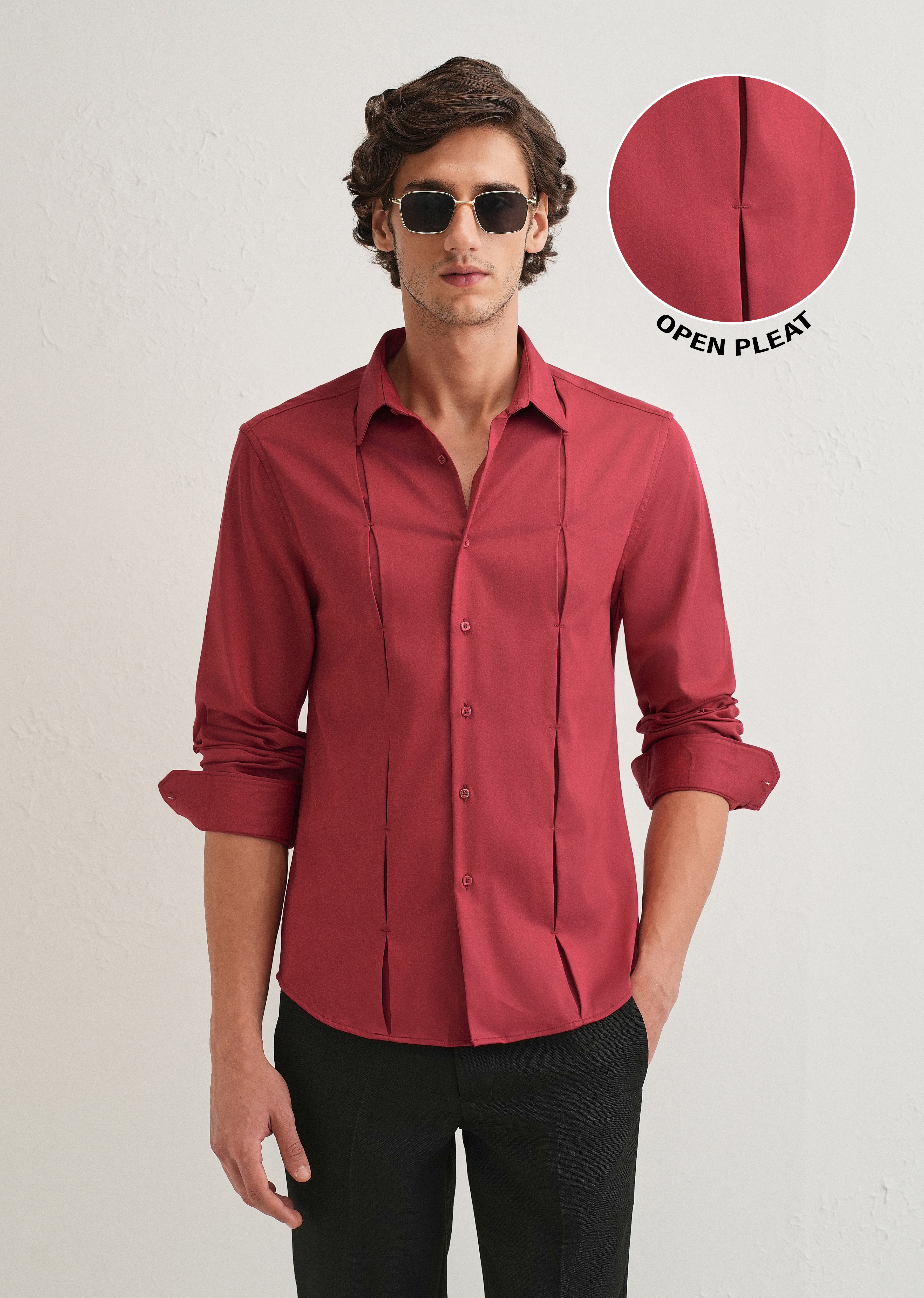 Ruby Red Front Panel Open Pleat Shirt