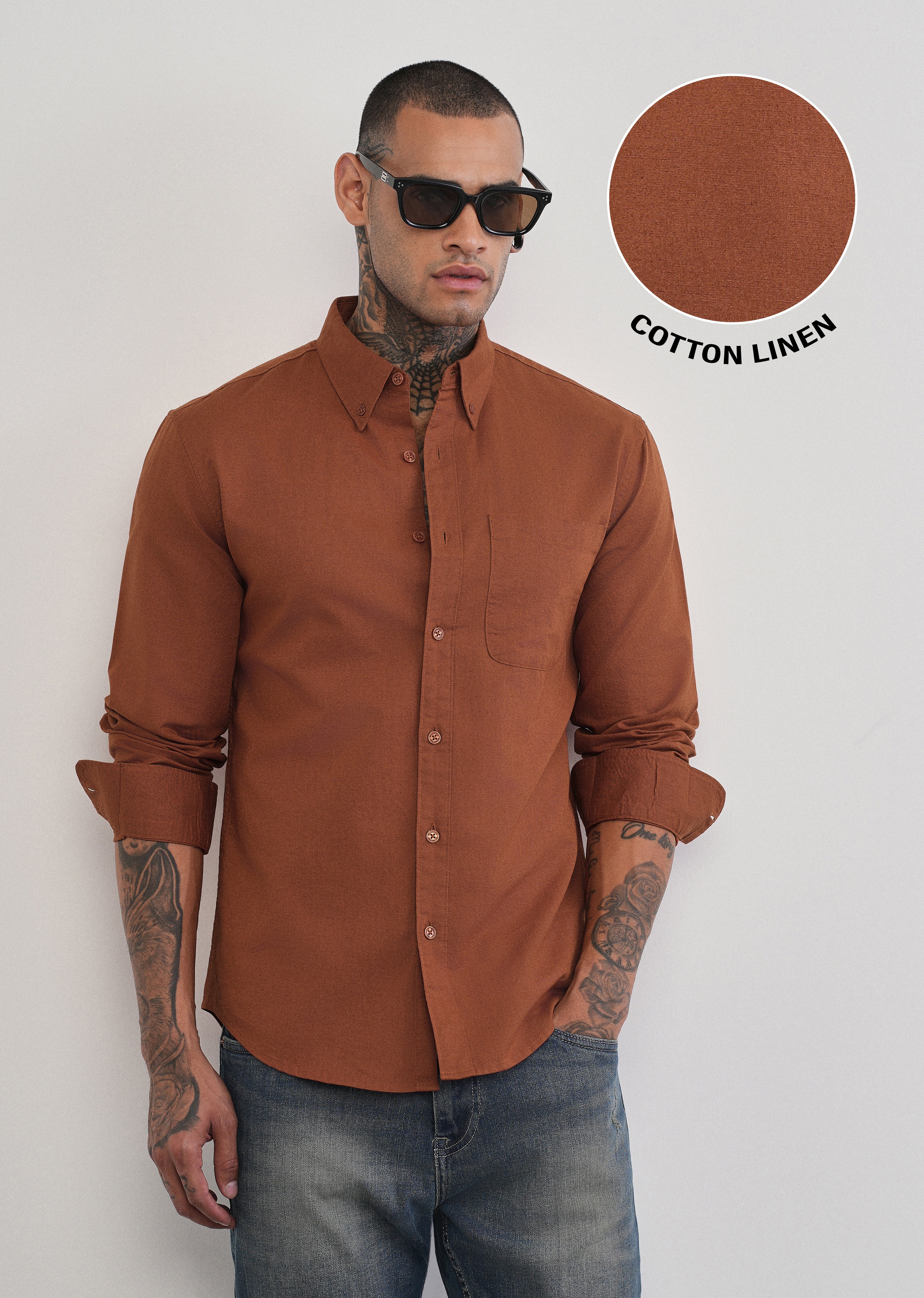 Rust Brown Cotton Linen Plain Shirt