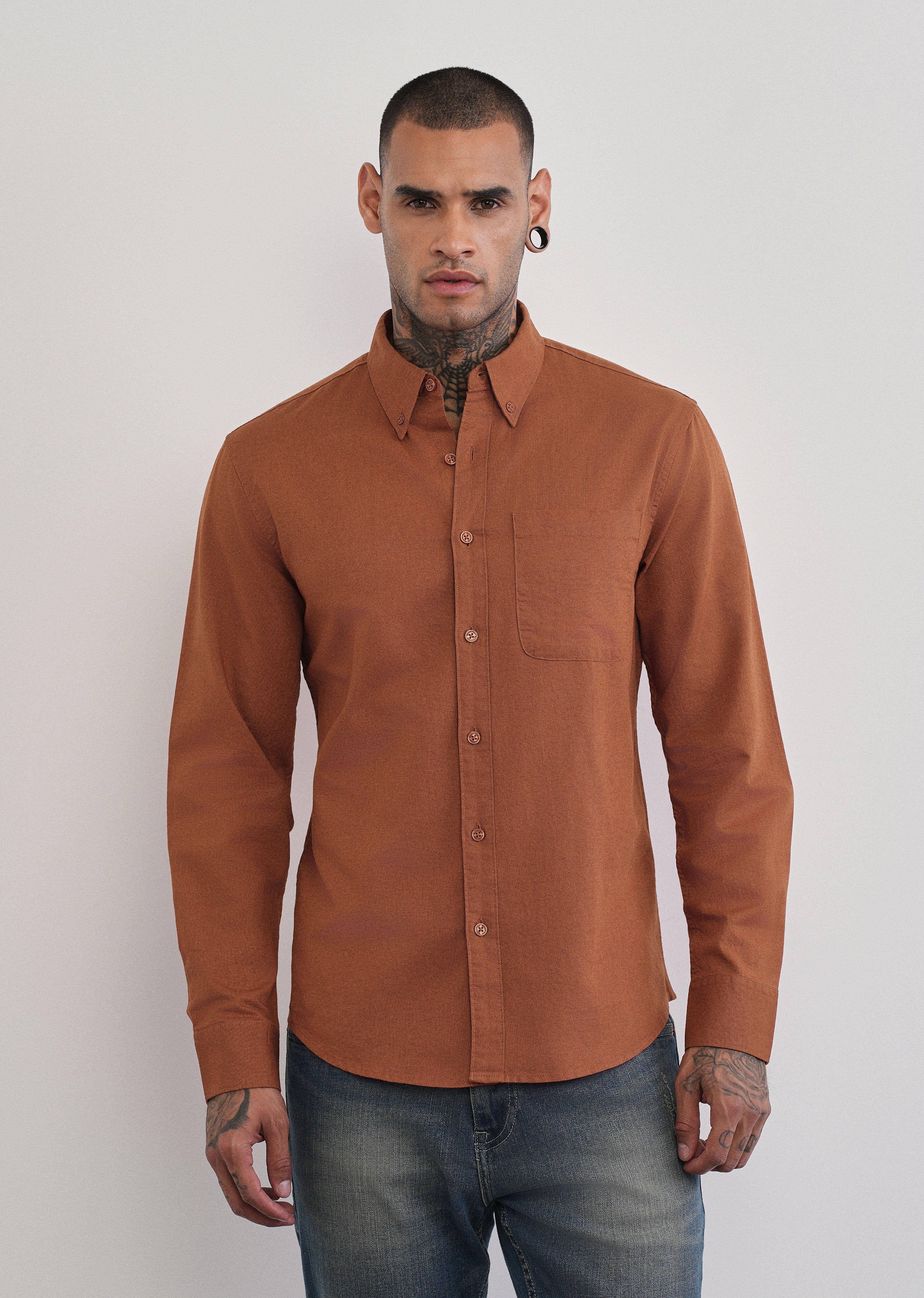 Rust Brown Cotton Linen Plain Shirt