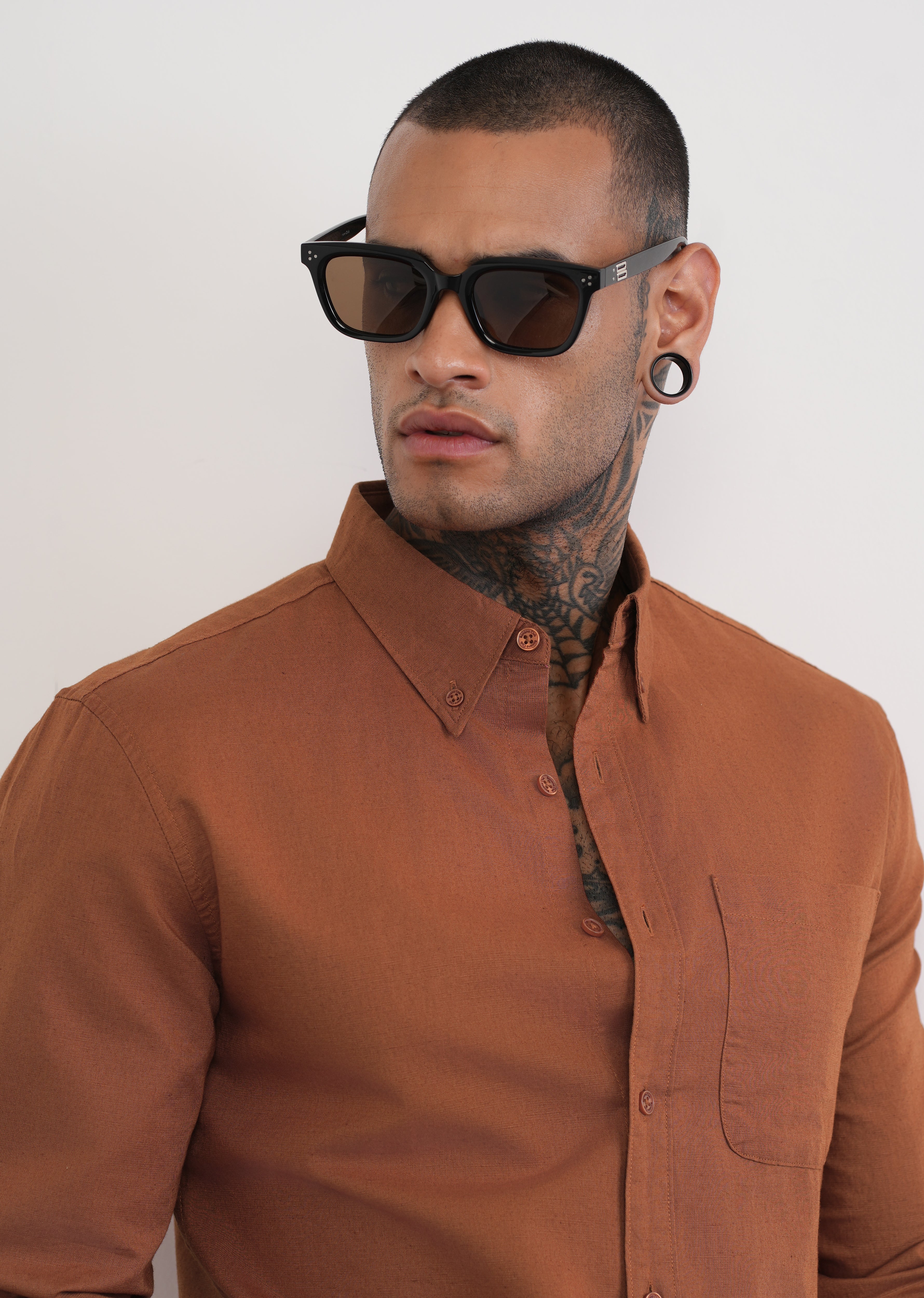 Rust Brown Cotton Linen Plain Shirt