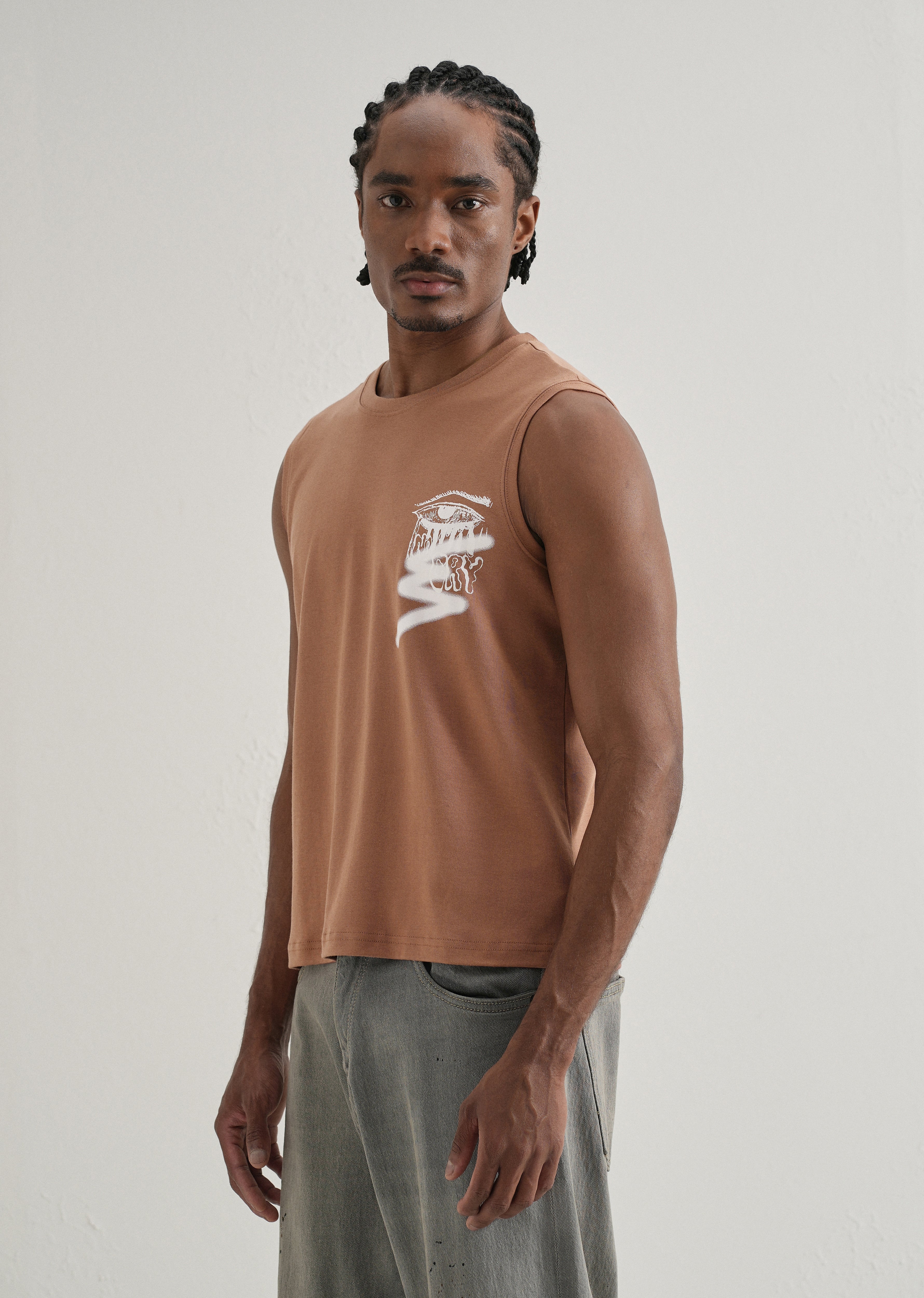 Rust Brown Graffiti Printed Tank