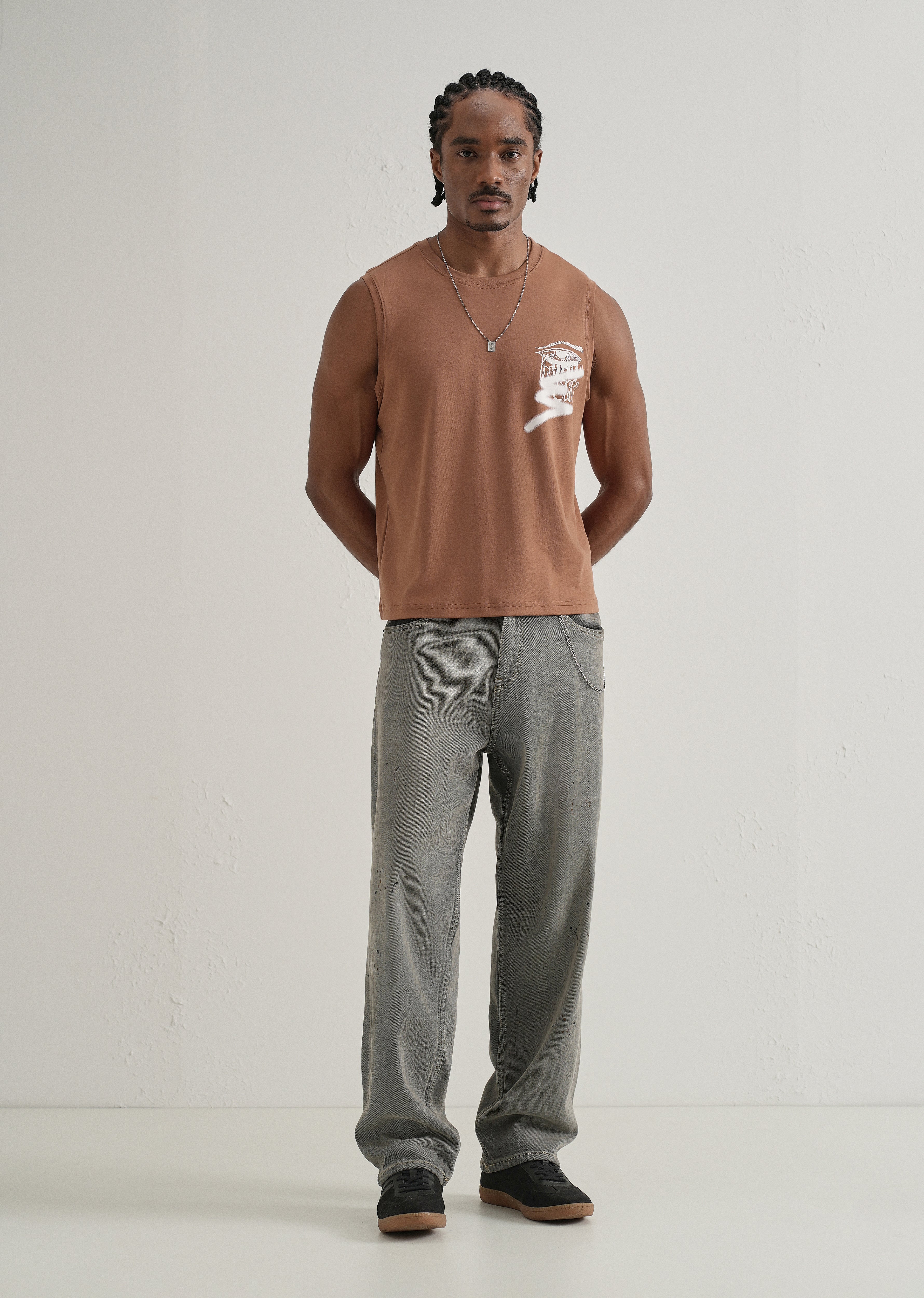 Rust Brown Graffiti Printed Tank