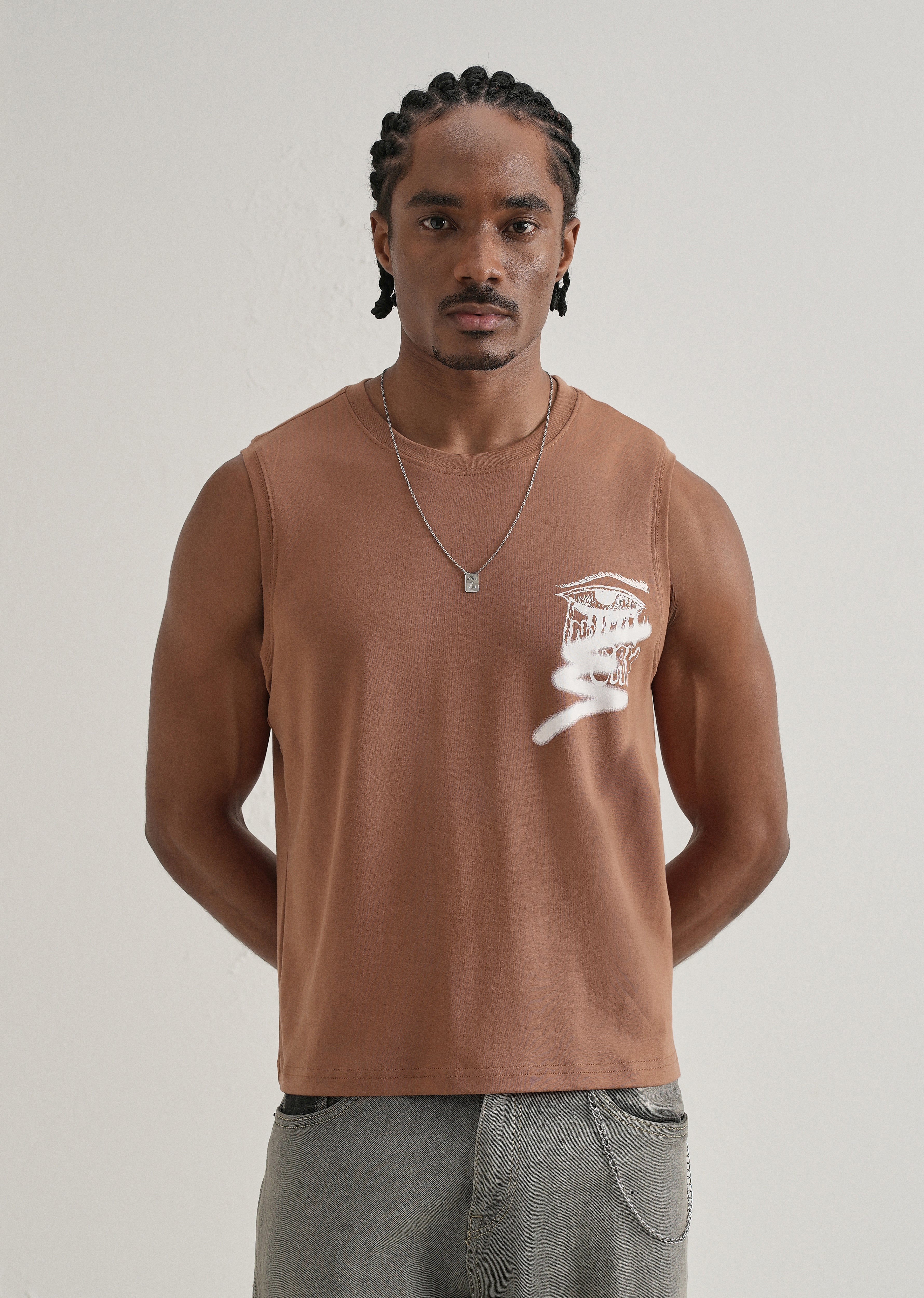 Rust Brown Graffiti Printed Tank