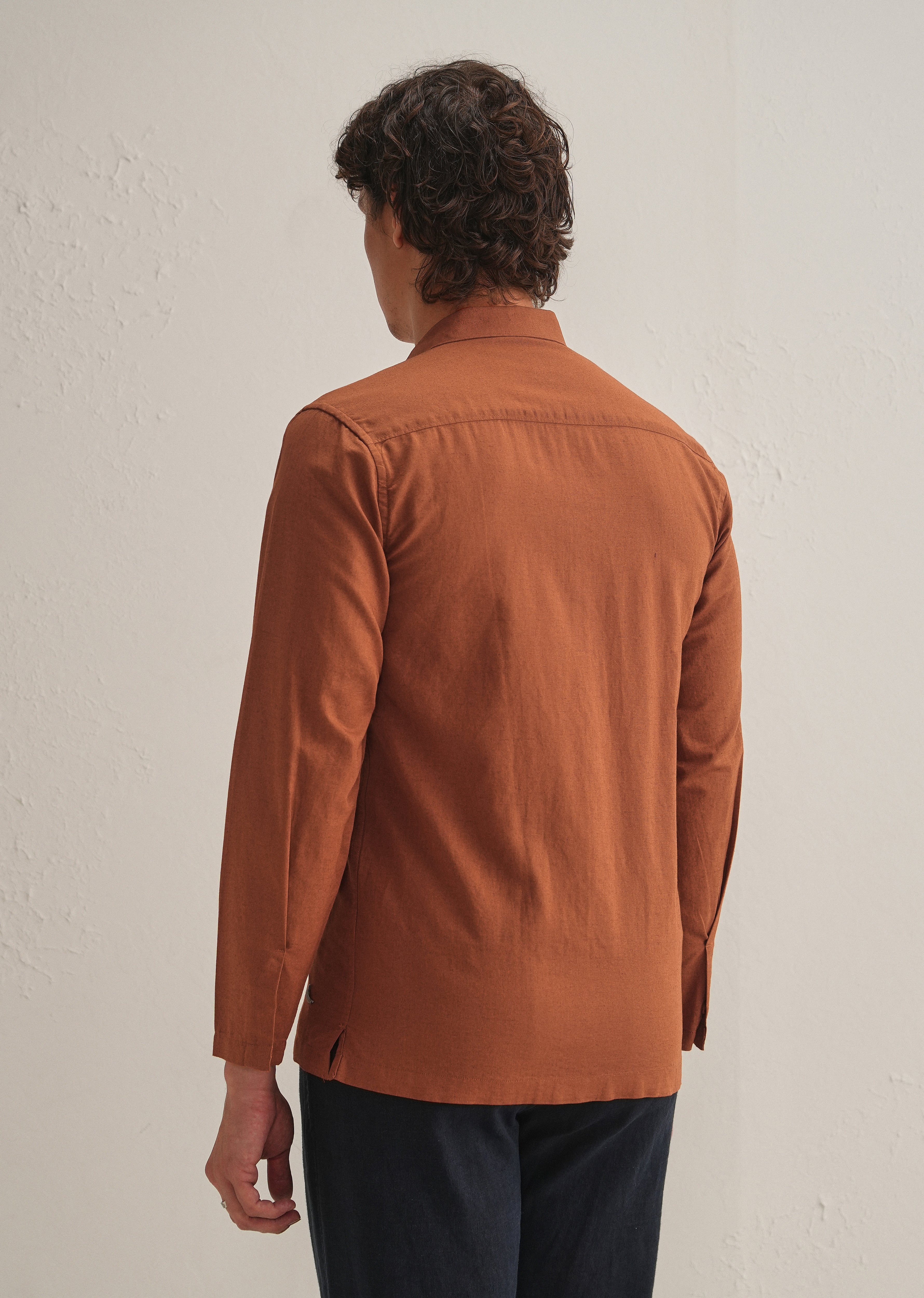 Rust Brown Hidden Sleeve Placket Cotton Linen Shirt