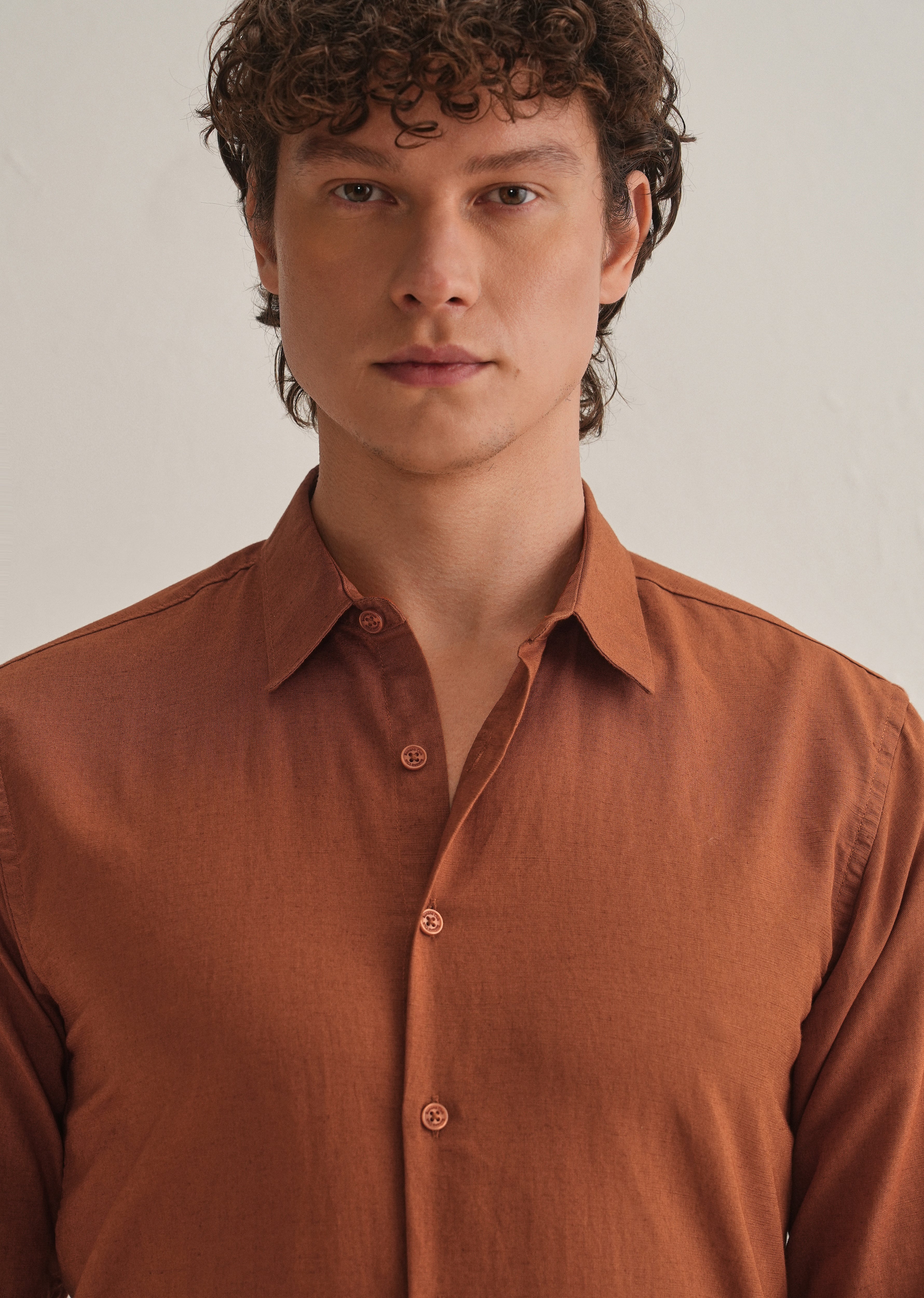 Rust Brown Hidden Sleeve Placket Cotton Linen Shirt