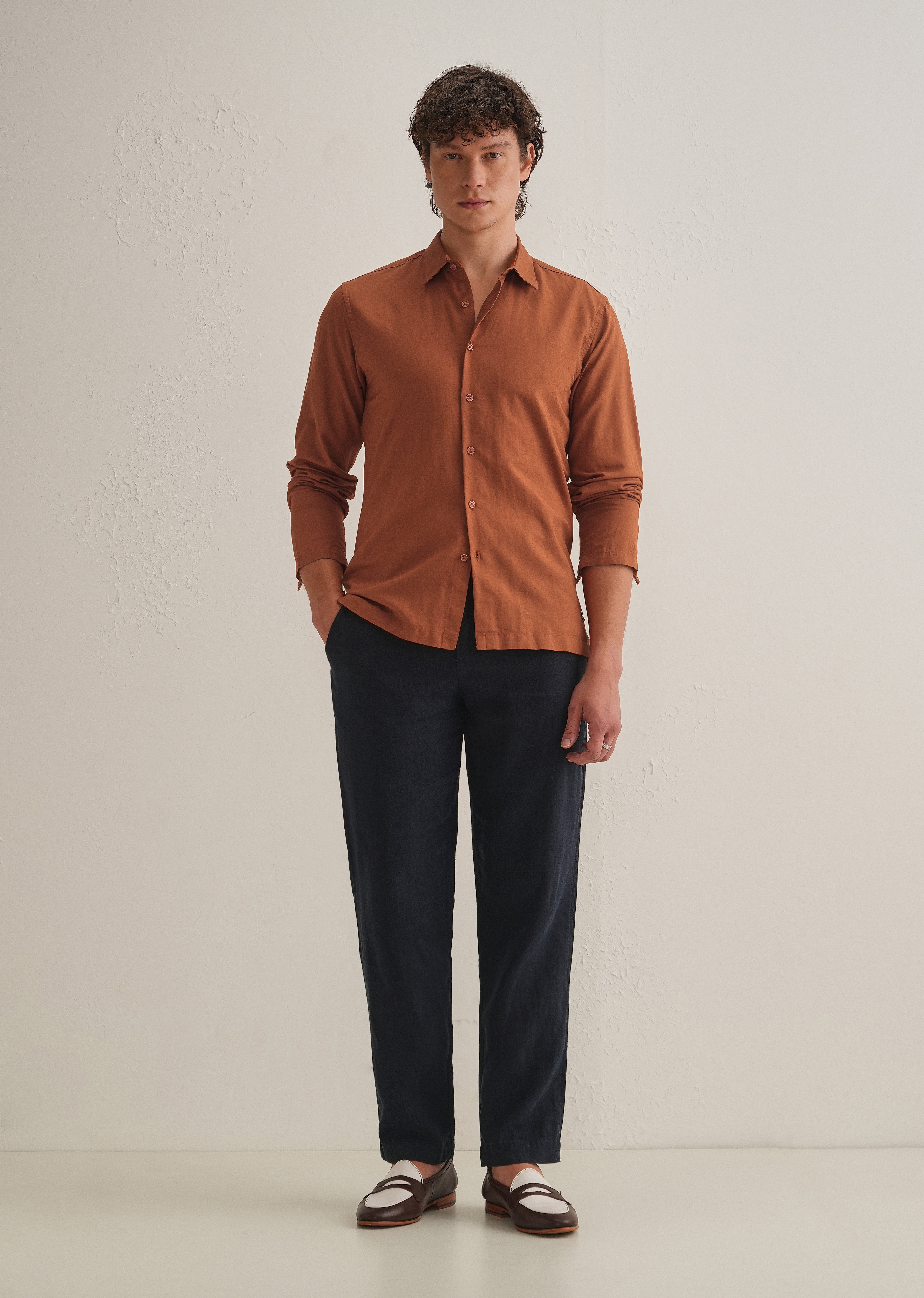 Rust Brown Hidden Sleeve Placket Cotton Linen Shirt