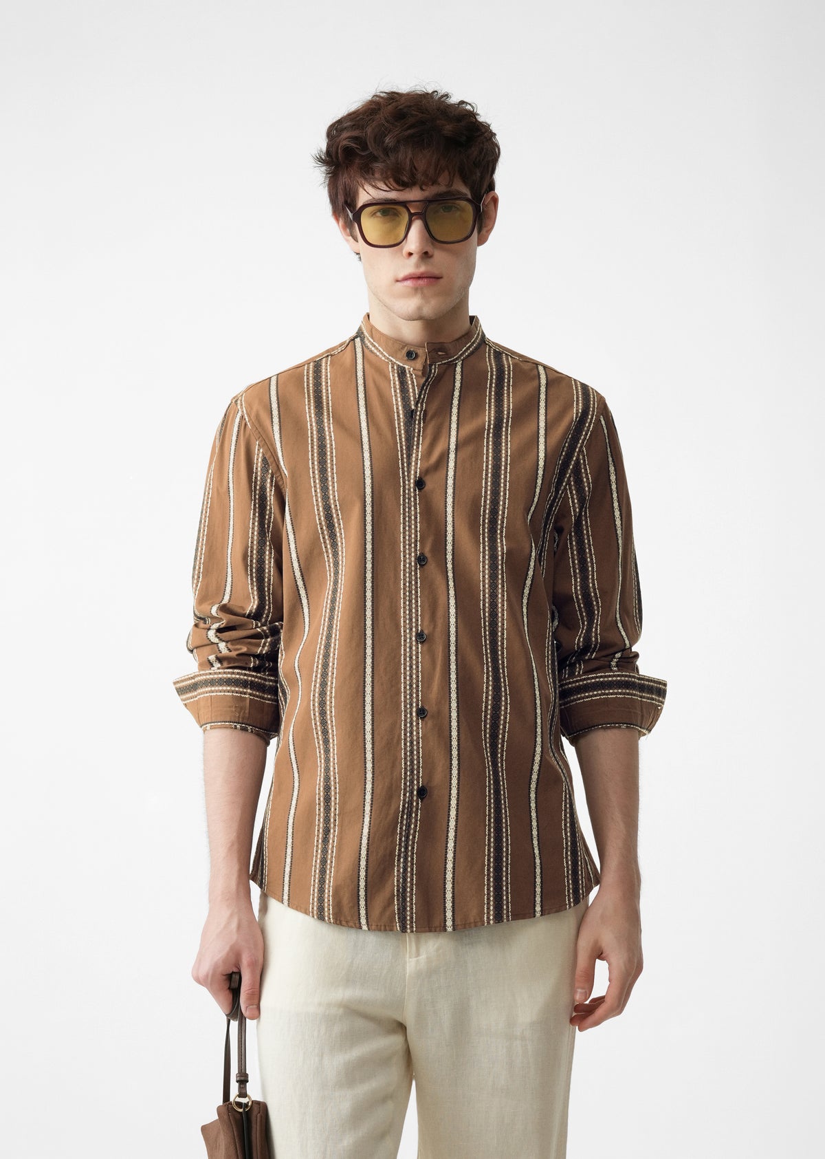 Brown Jacquard Stripe Cotton Shirt