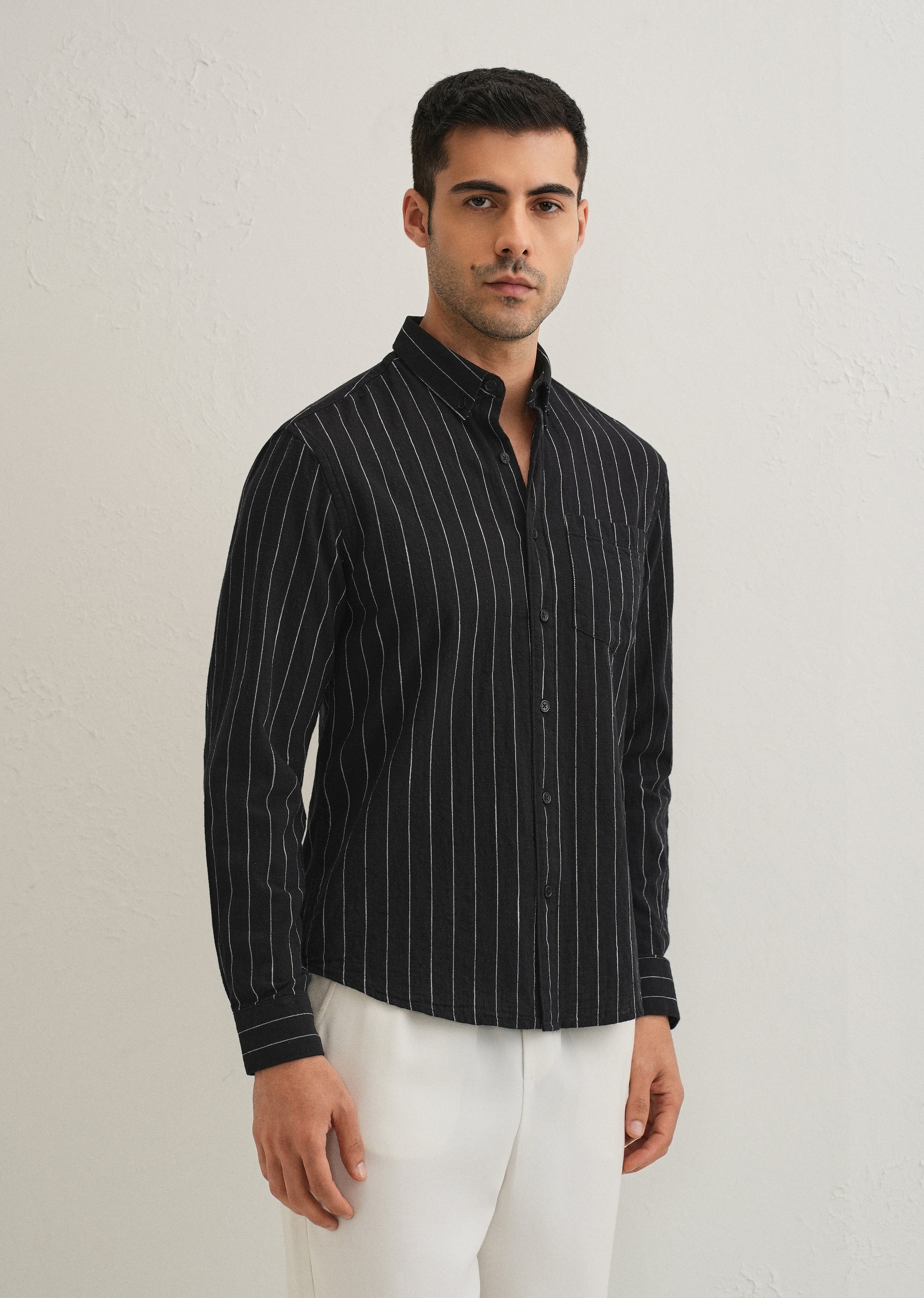 Sable Black Striped Cotton Linen Shirt