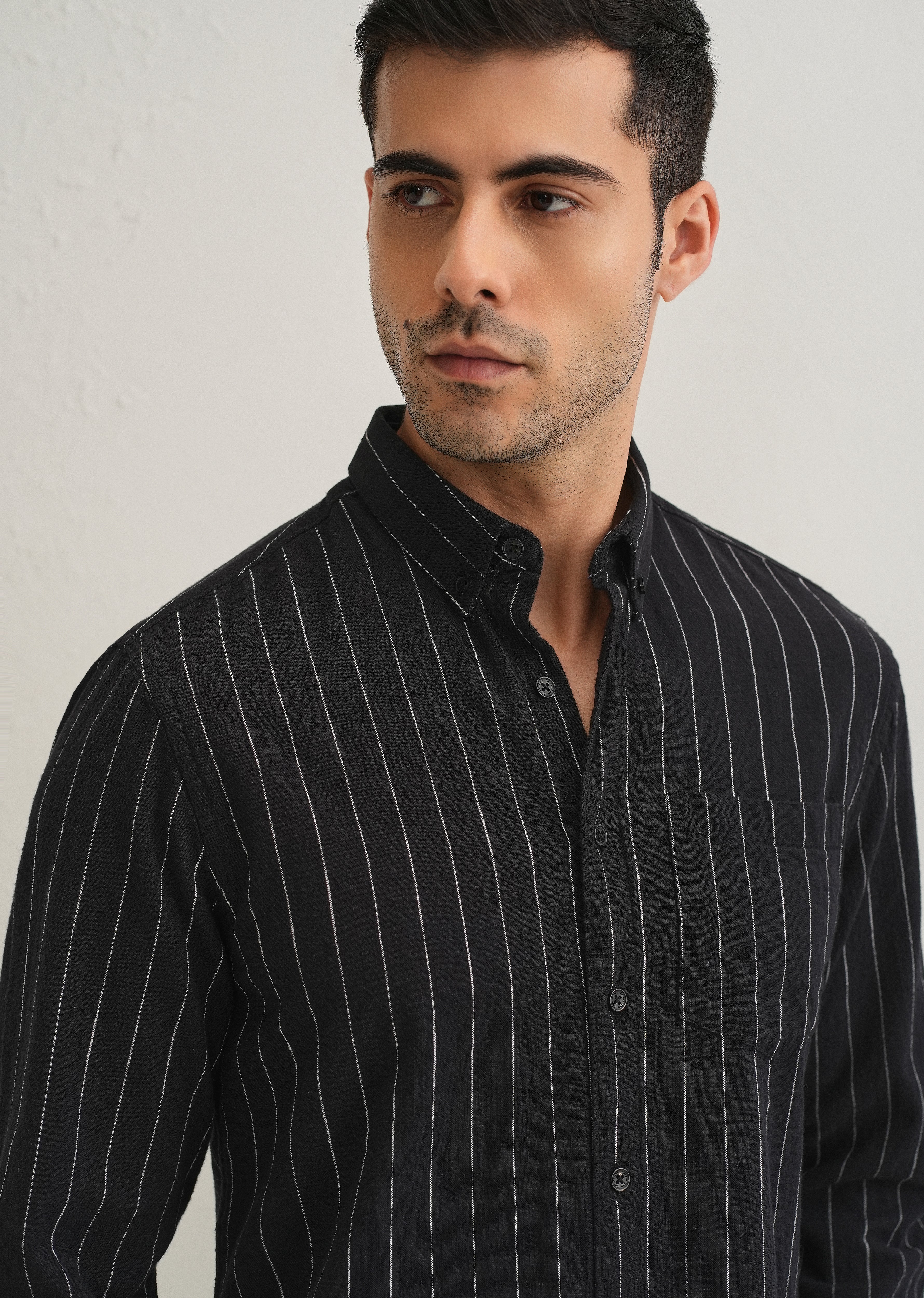 Sable Black Striped Cotton Linen Shirt
