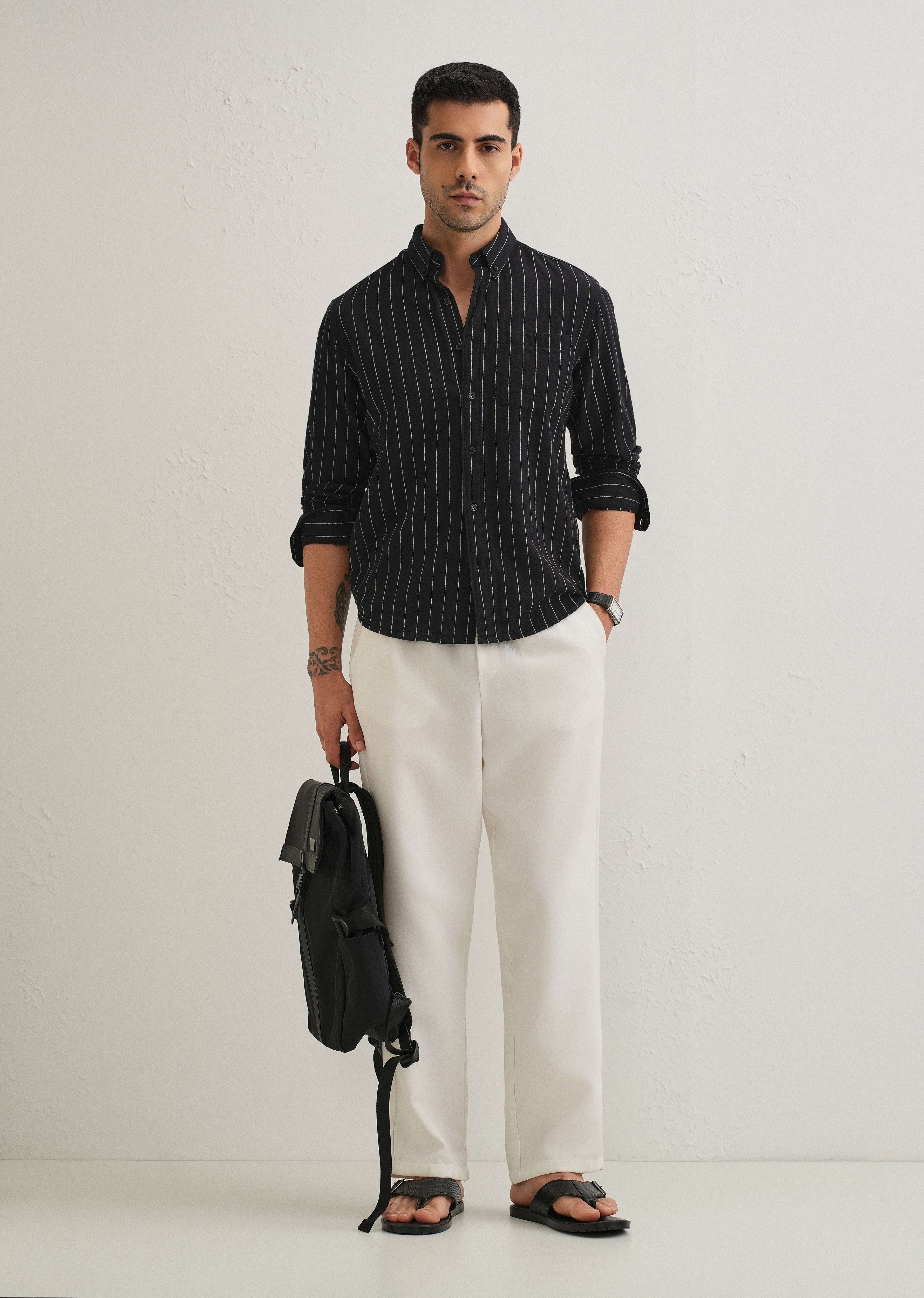 Sable Black Striped Cotton Linen Shirt