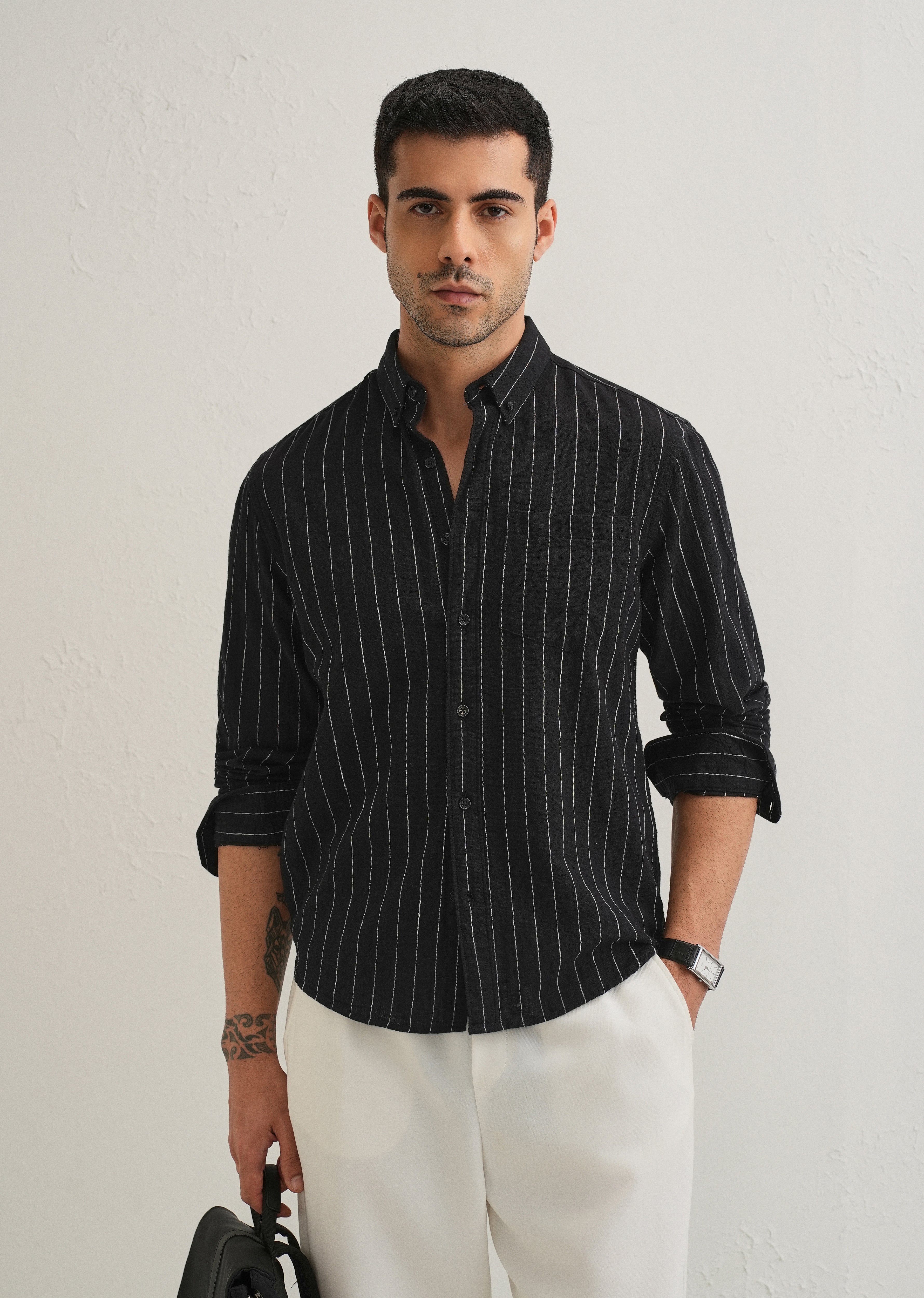 Sable Black Striped Cotton Linen Shirt