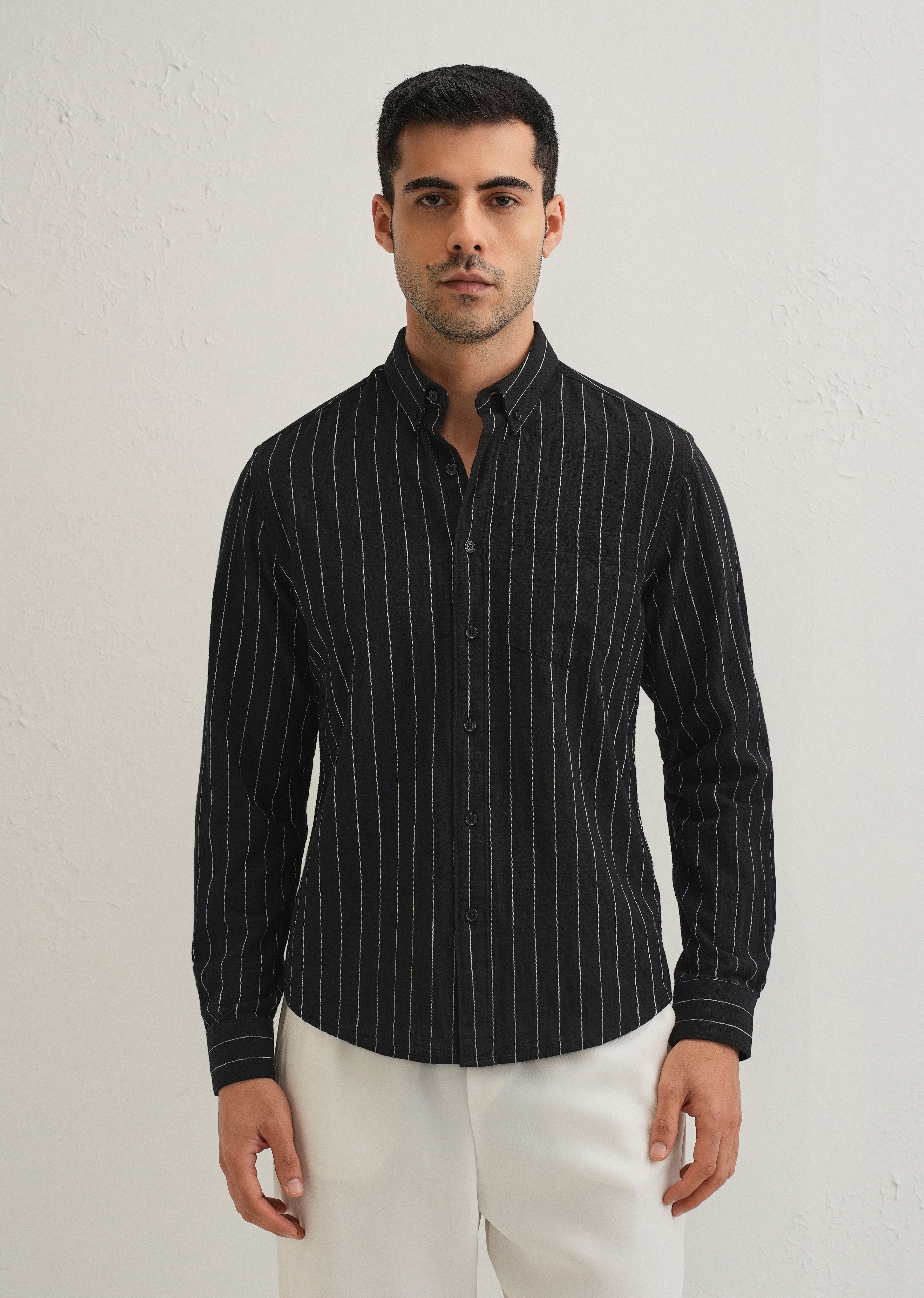 Sable Black Striped Cotton Linen Shirt