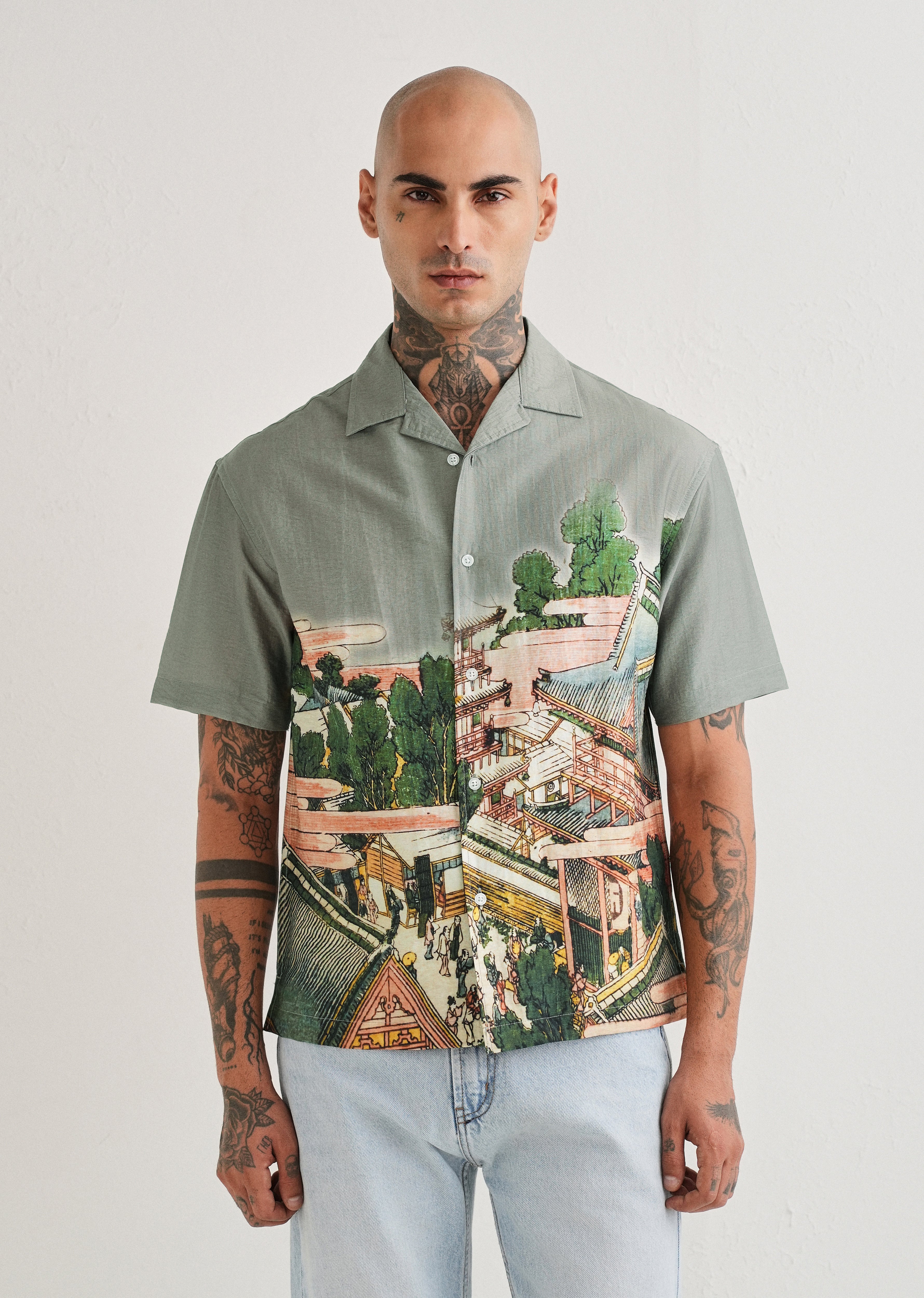 Sage Grey Scenic Placement Print Shirt
