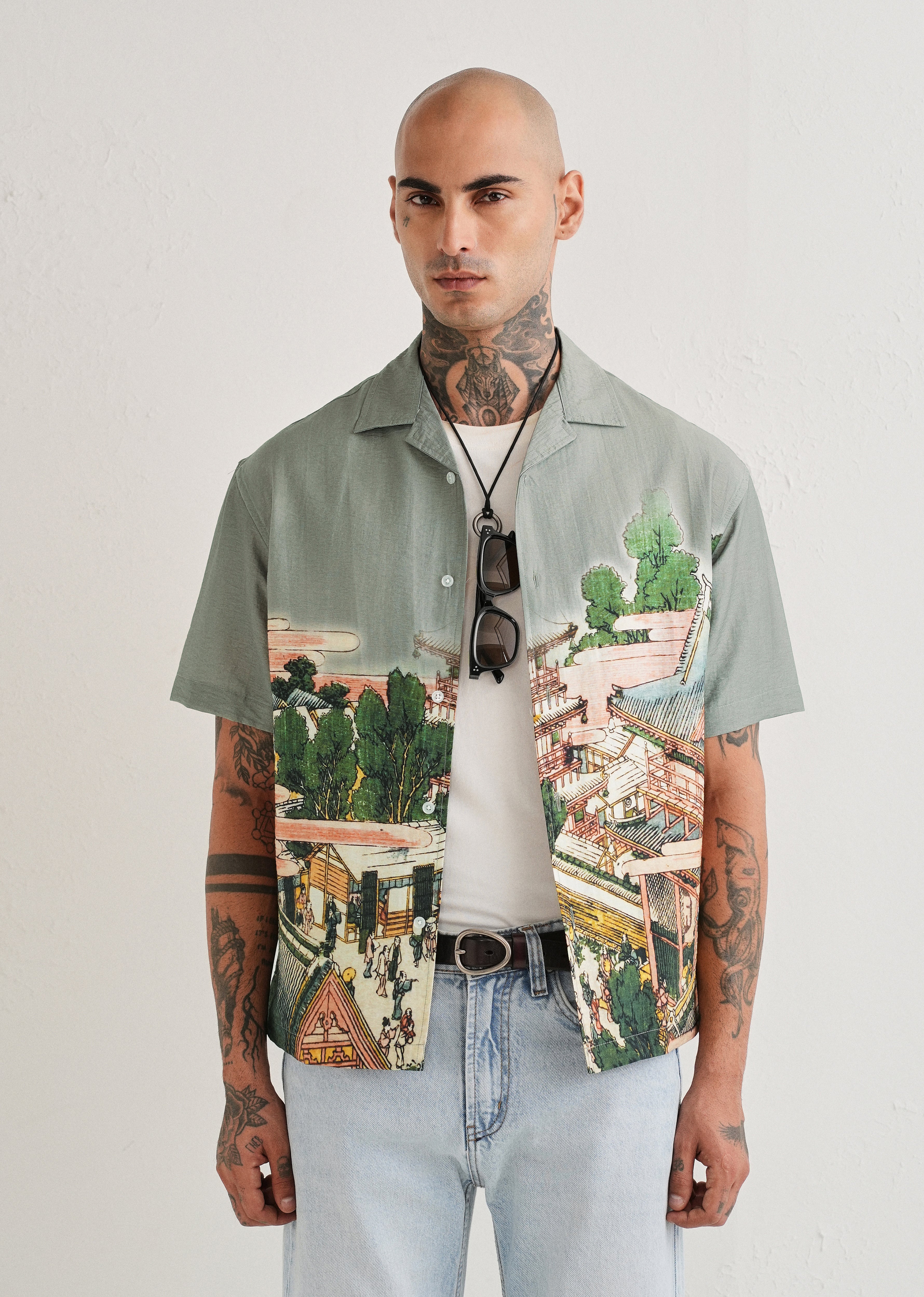 Sage Grey Scenic Placement Print Shirt