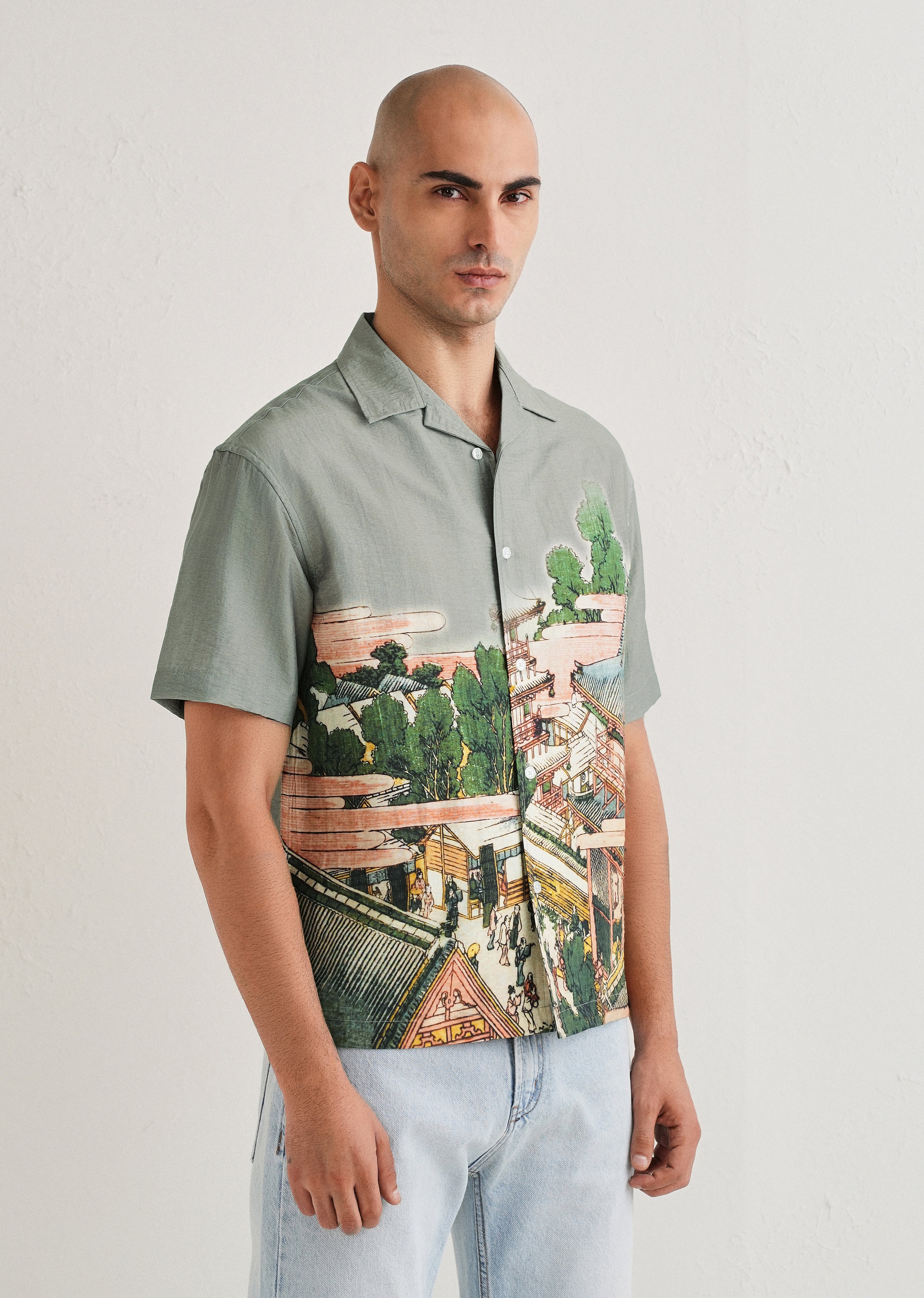 Sage Grey Scenic Placement Print Shirt