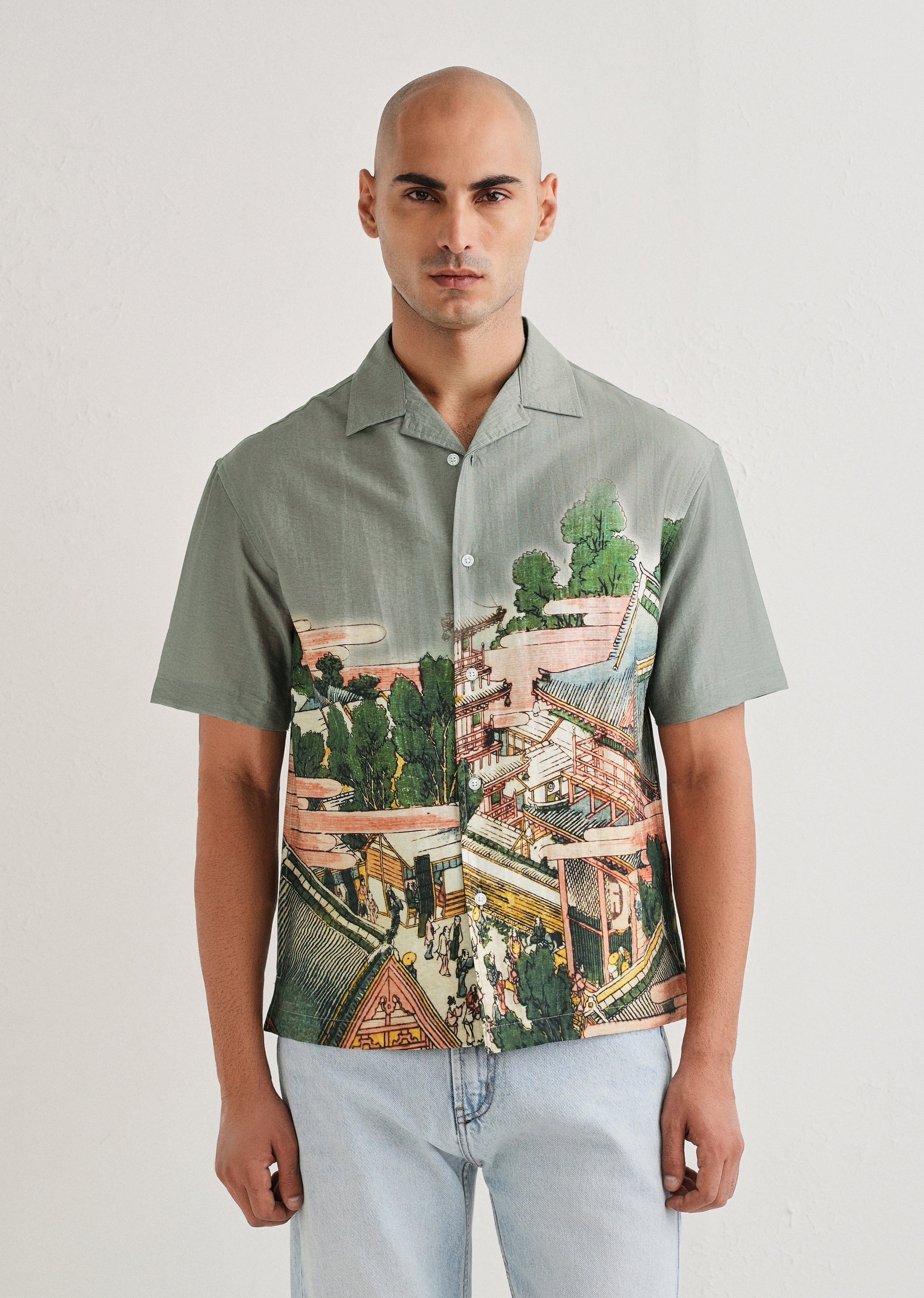 Sage Grey Scenic Placement Print Shirt