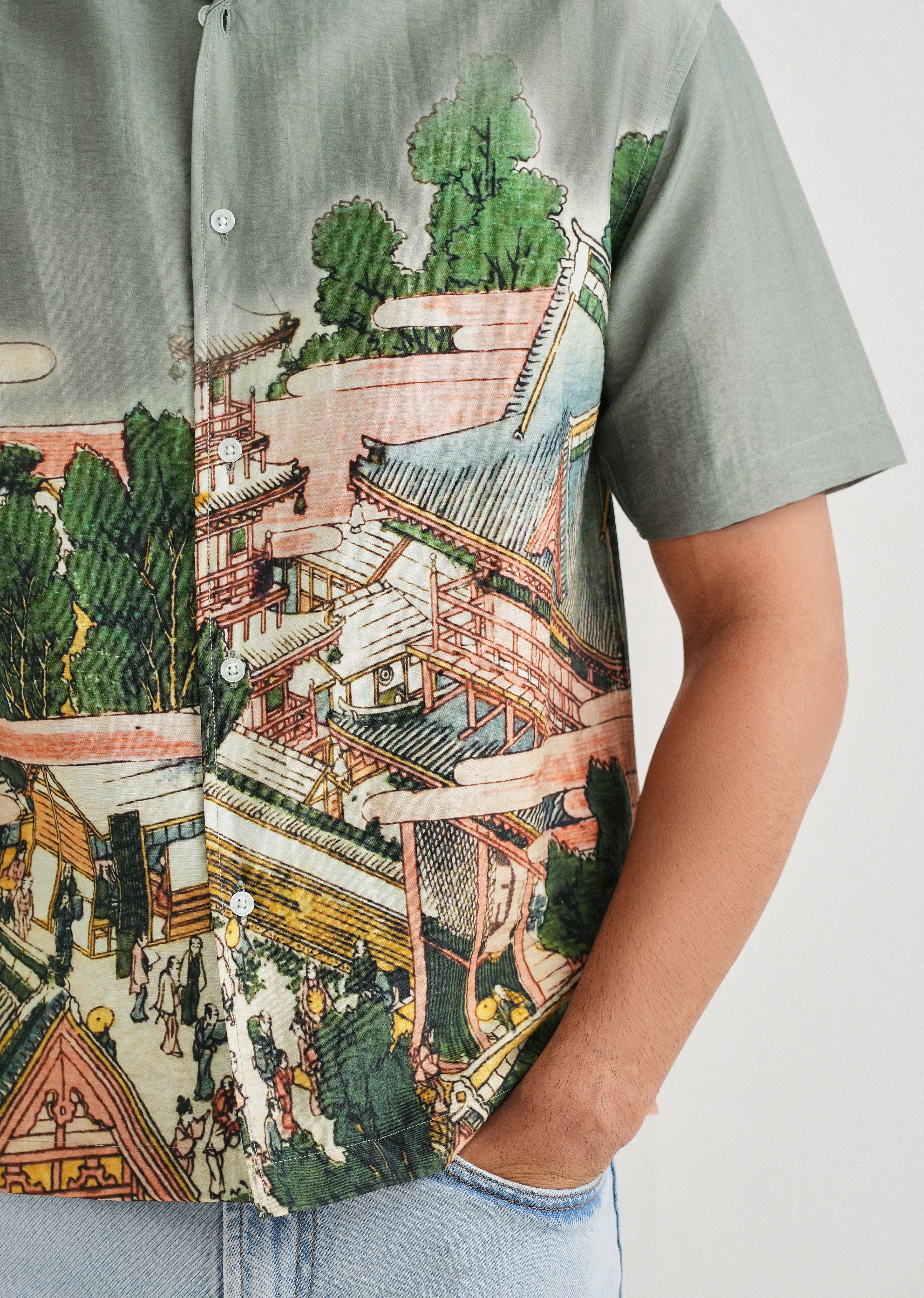 Sage Grey Scenic Placement Print Shirt