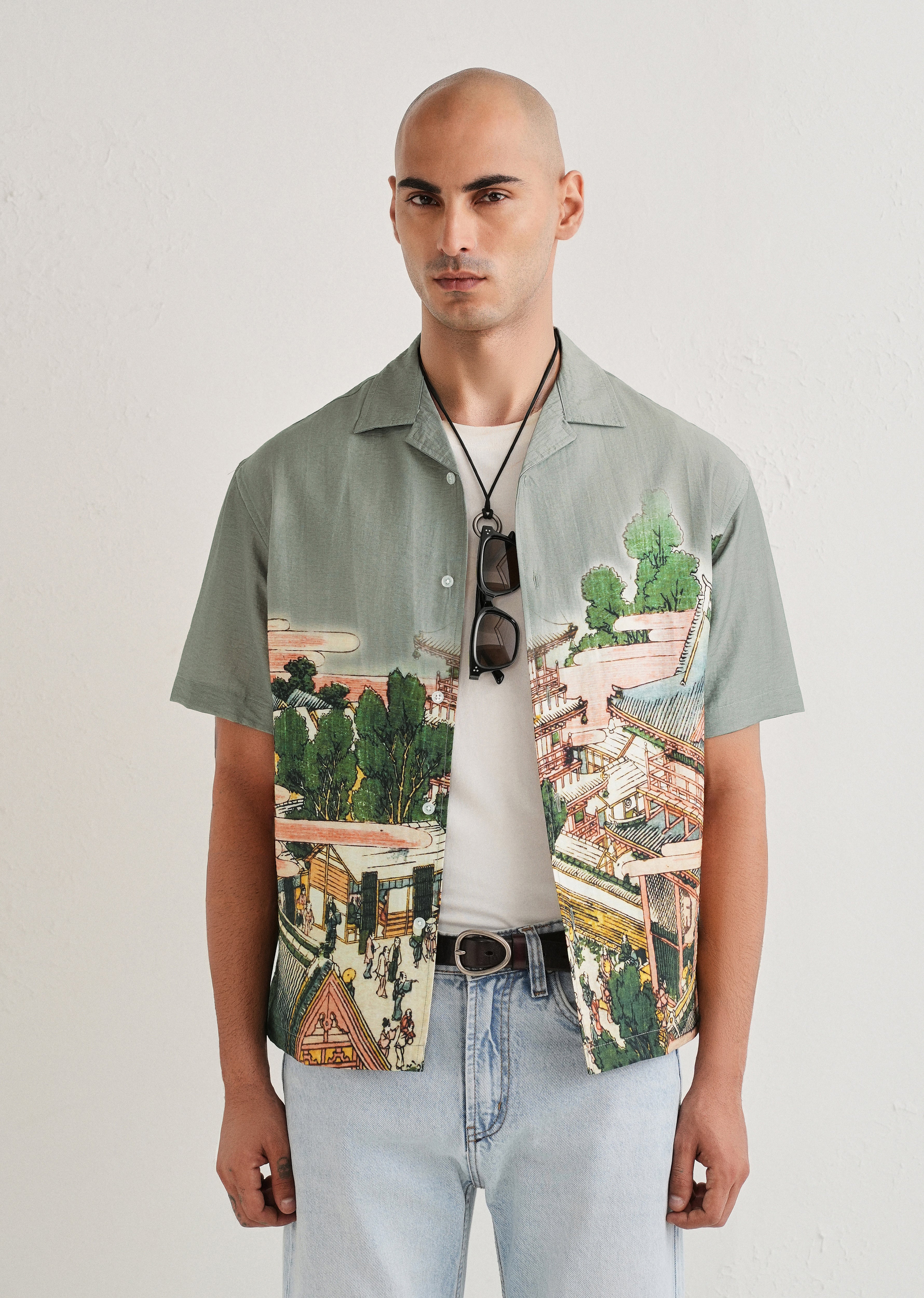 Sage Grey Scenic Placement Print Shirt