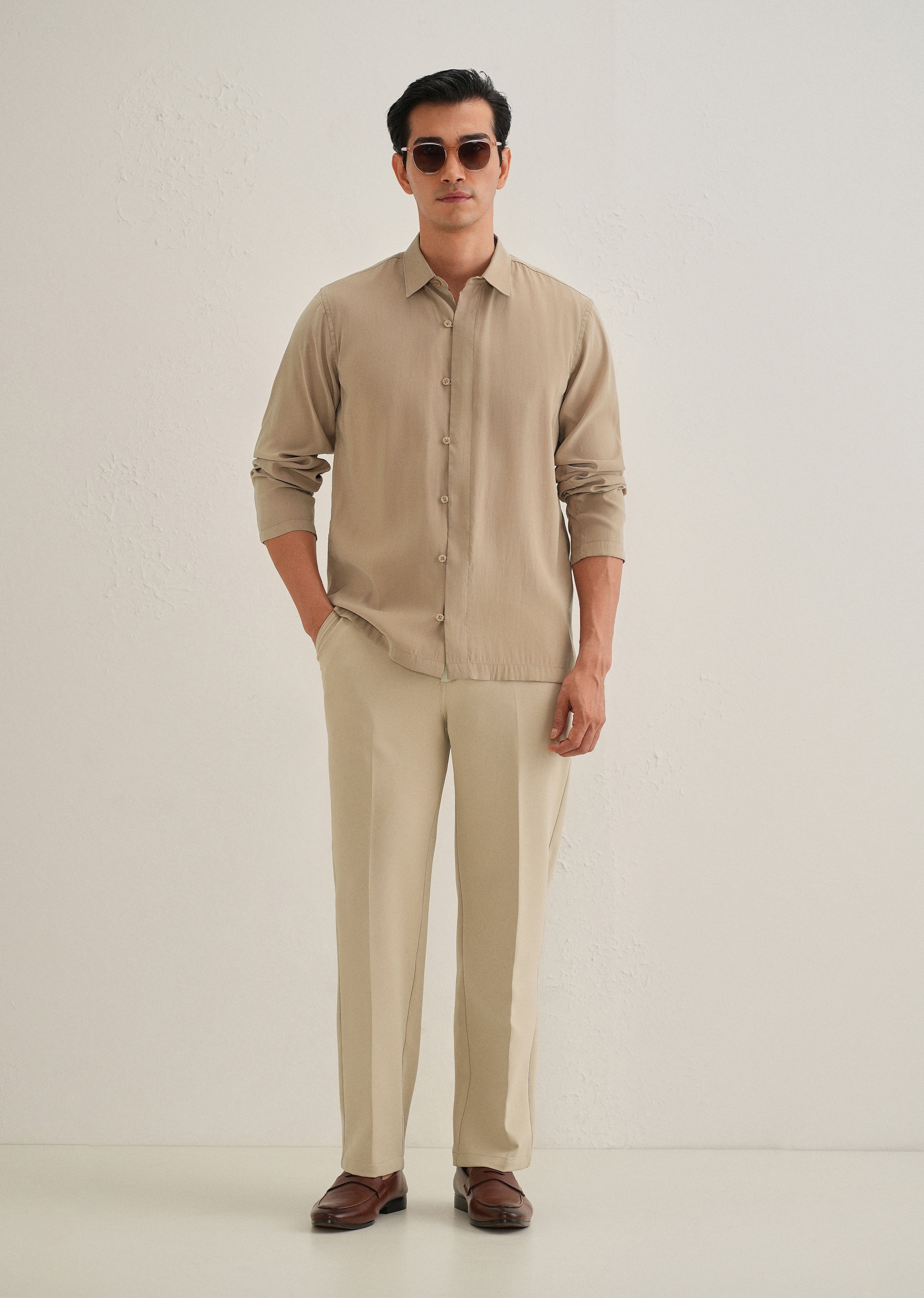 Sand Brown Loop Button-Down Plain Shirt