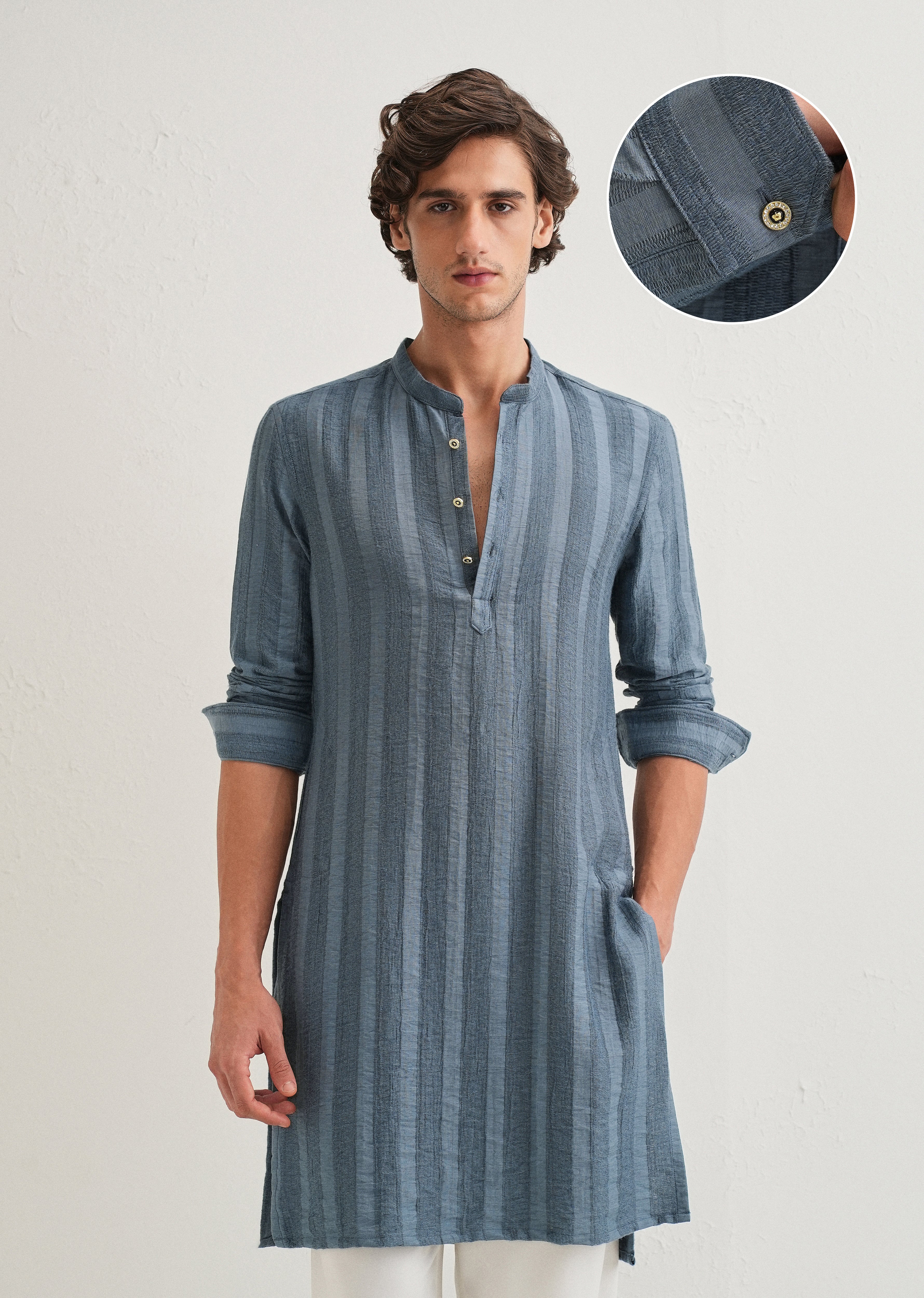 Sapphire Blue Textured Vertical Stripe Kurta