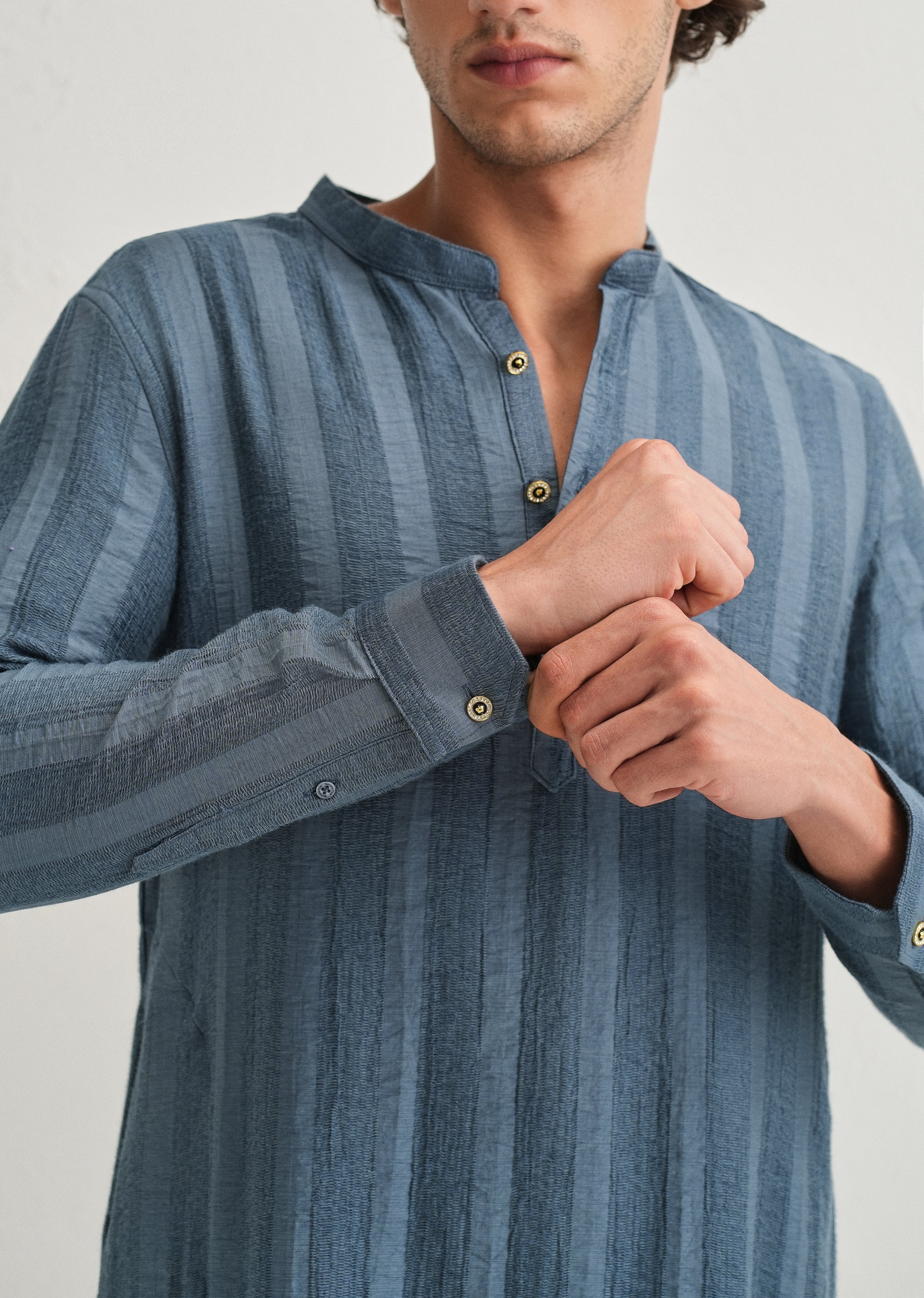 Sapphire Blue Textured Vertical Stripe Kurta